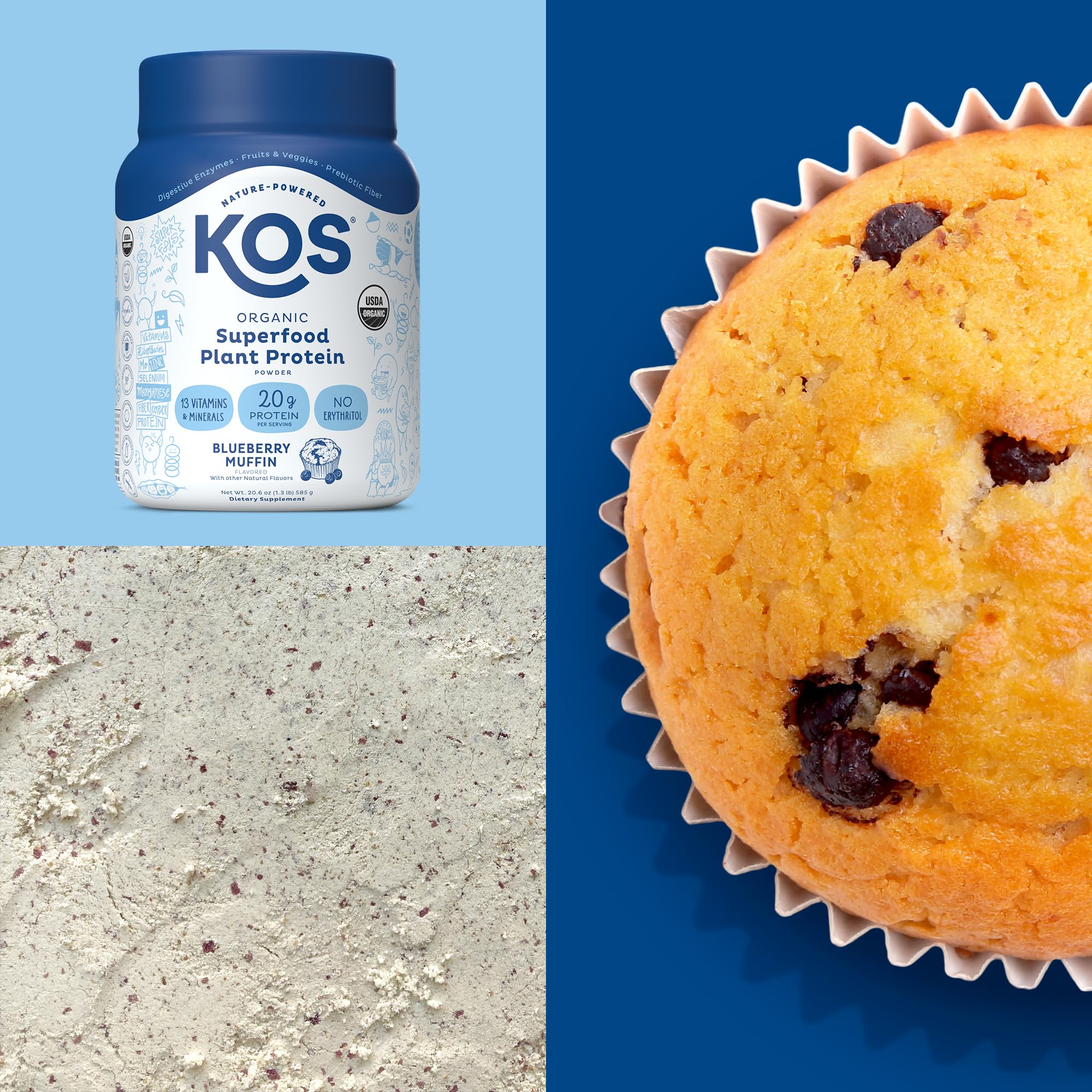 KOS Plant Based Protein Powder, Blueberry Muffin - Organic Pea Protein Superfood KOS