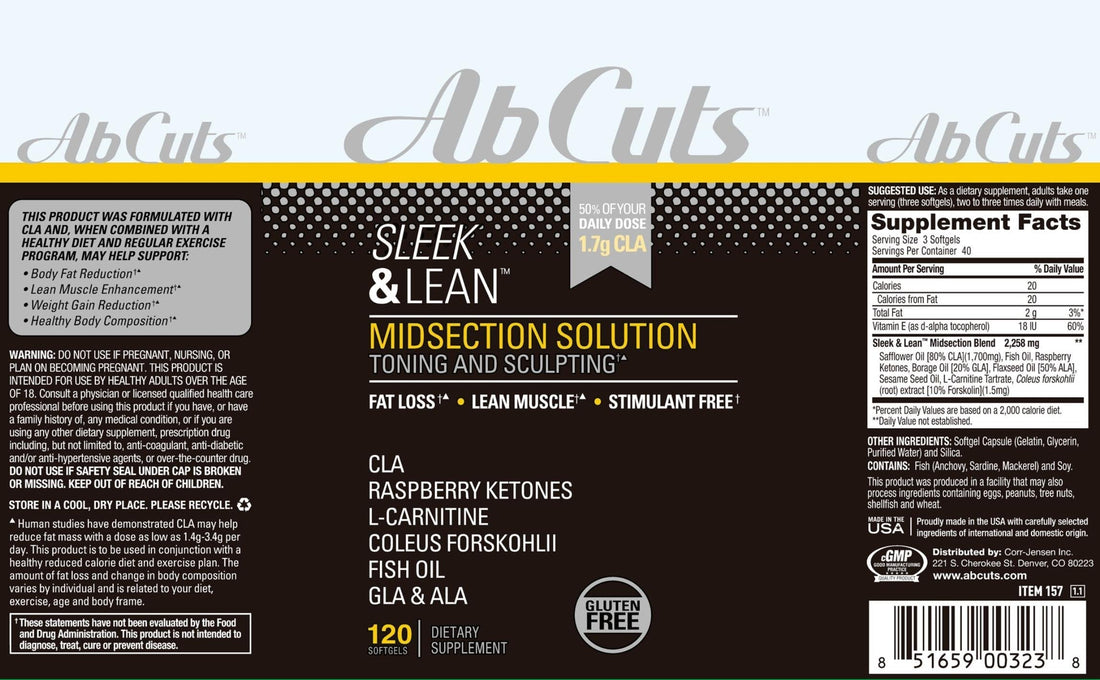 AbCuts Sleek and Lean - 120 Easy-to-Swallow Softgels - CLA Supplement, Fish Oil