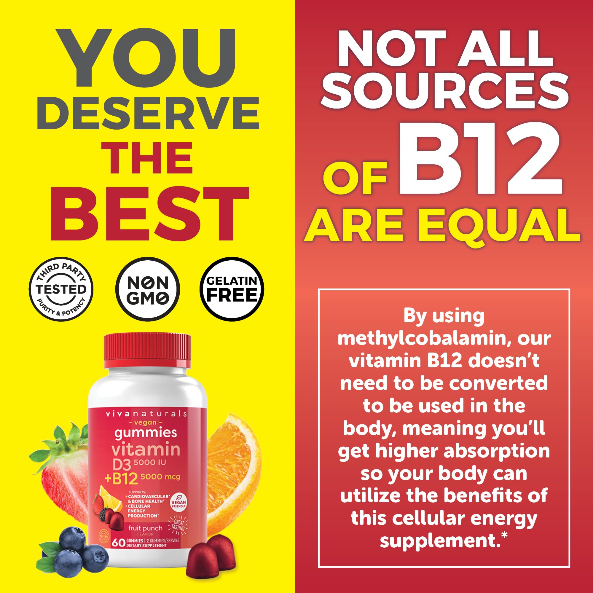 Viva Naturals Plant-Based B12 Gummies with Vitamin D3 - Chewable 5000mcg B12 Viva Naturals