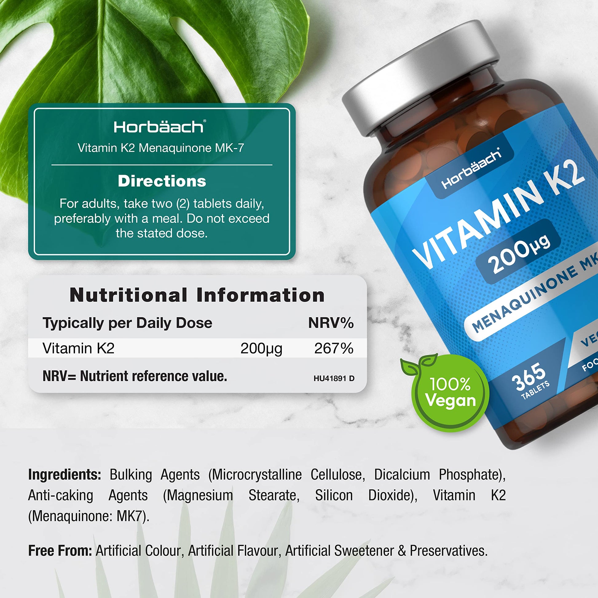 Vitamin K2 MK7 200ug | 365 Vegan Tablets | High Strength Menaquinone MK-7 Horbäach