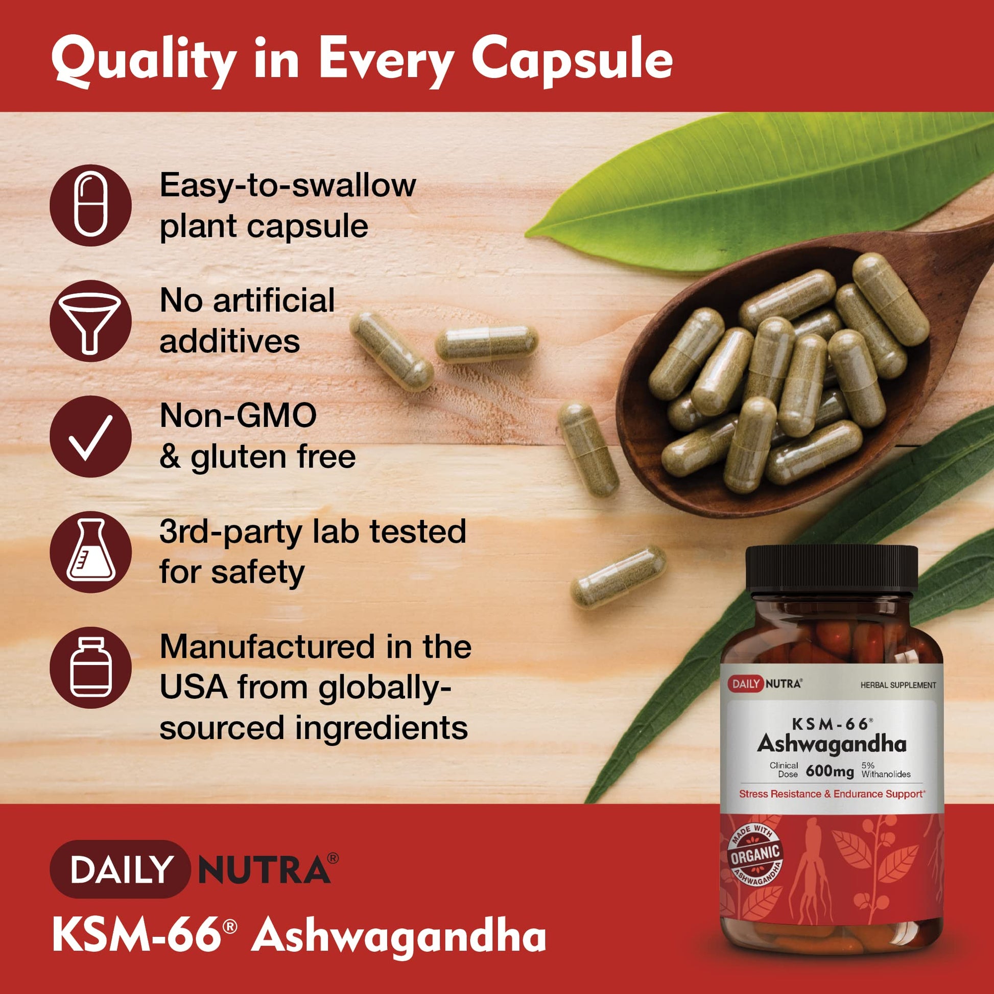 DailyNutra KSM-66 Ashwagandha 600mg Organic Root Extract - High Potency Supplement DailyNutra