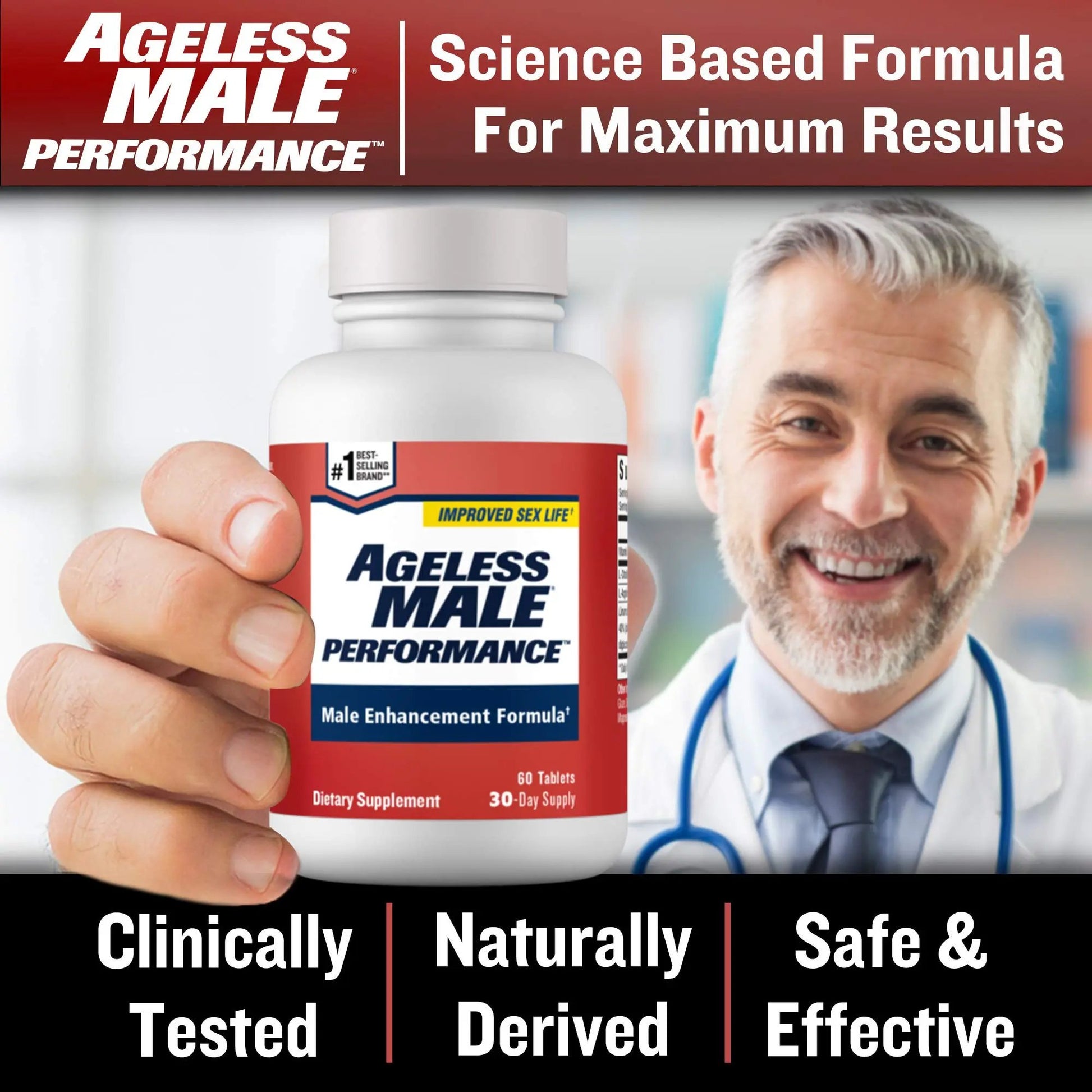 Ageless Male Performance Nitric Oxide Booster for Men - Promote Blood Circulation, Arousal, Energy Production, Drive, Stamina, Health Supplement (60 Tablets, 1 Bottle)