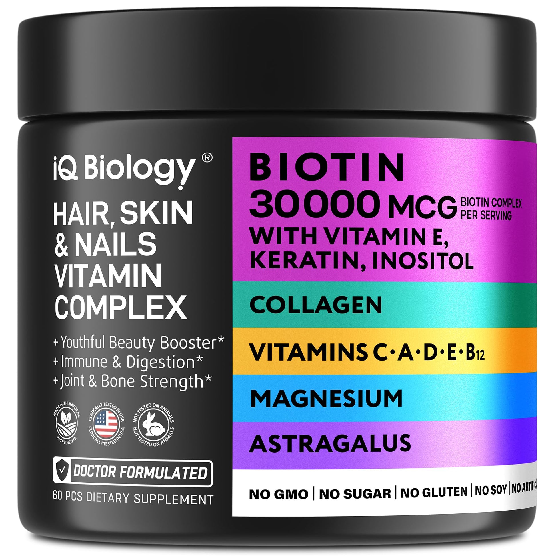 IQ BIOLOGY Biotin Collagen Keratin Astragalus Magnesium Ashwagandha Vitamin D3 Vitamin C