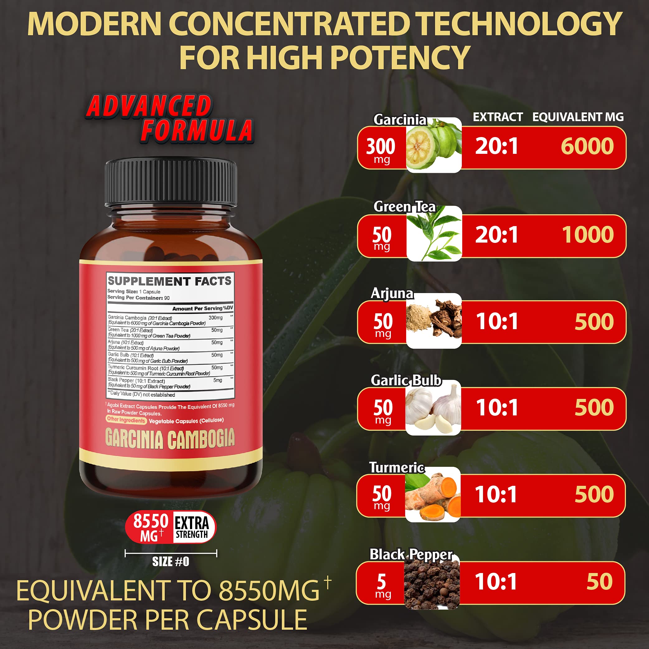 agobi Pure Garcinia Cambogia Capsules 8550mg - 6in1 with Green Tea, Arjuna, Garlic Bulb agobi