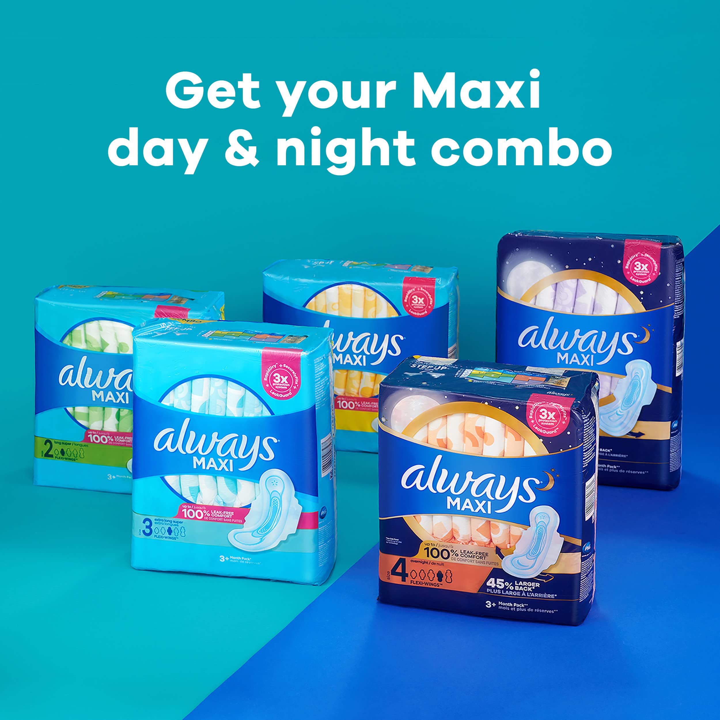Always Maxi Feminine Pads For Women, Size 2 Long Super Absorbency, With Wings, Unscented, 60 Count Always