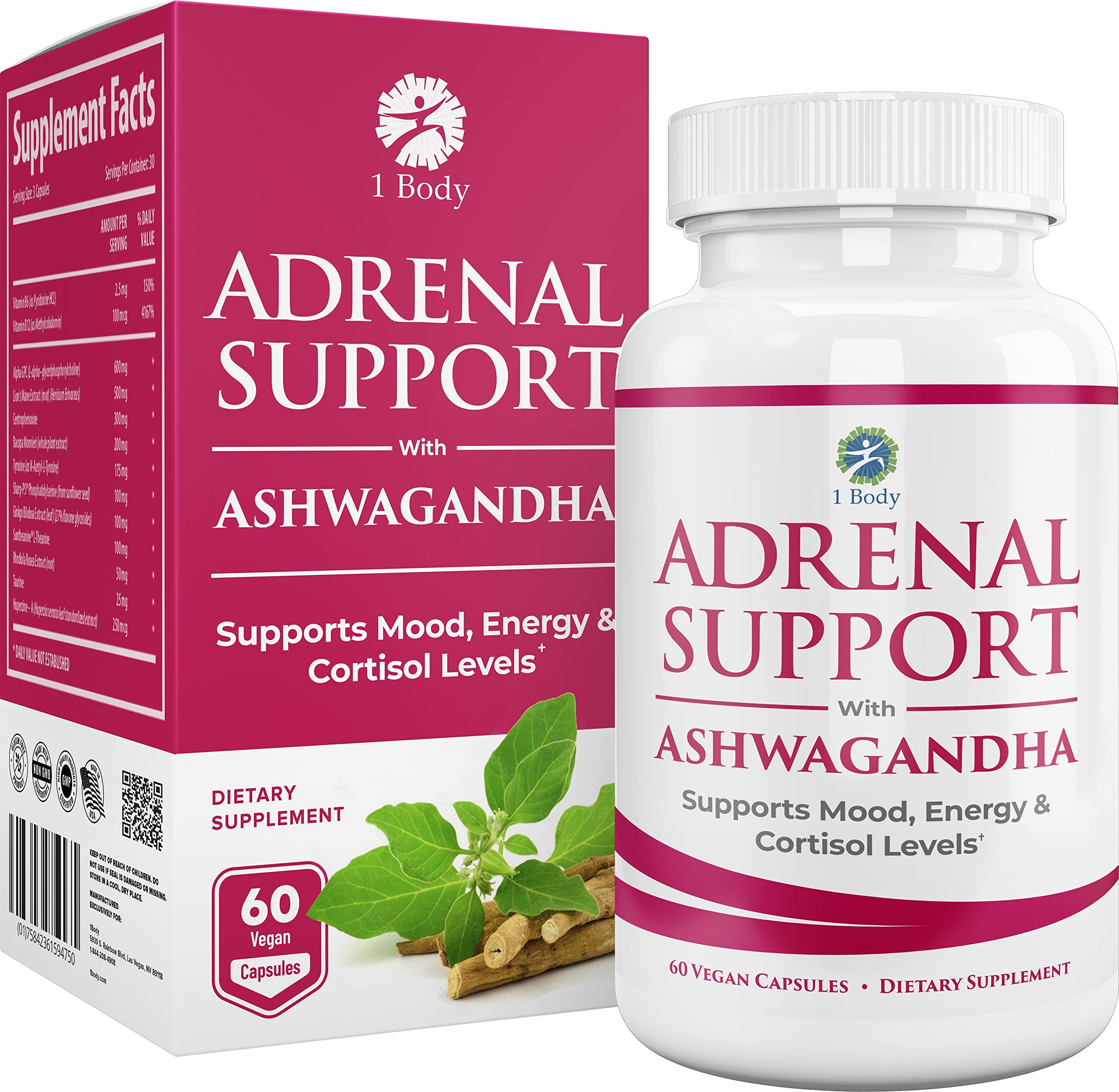 1 Body Adaptogen Complex Supplement with Ashwagandha - 60 Vegan Cap