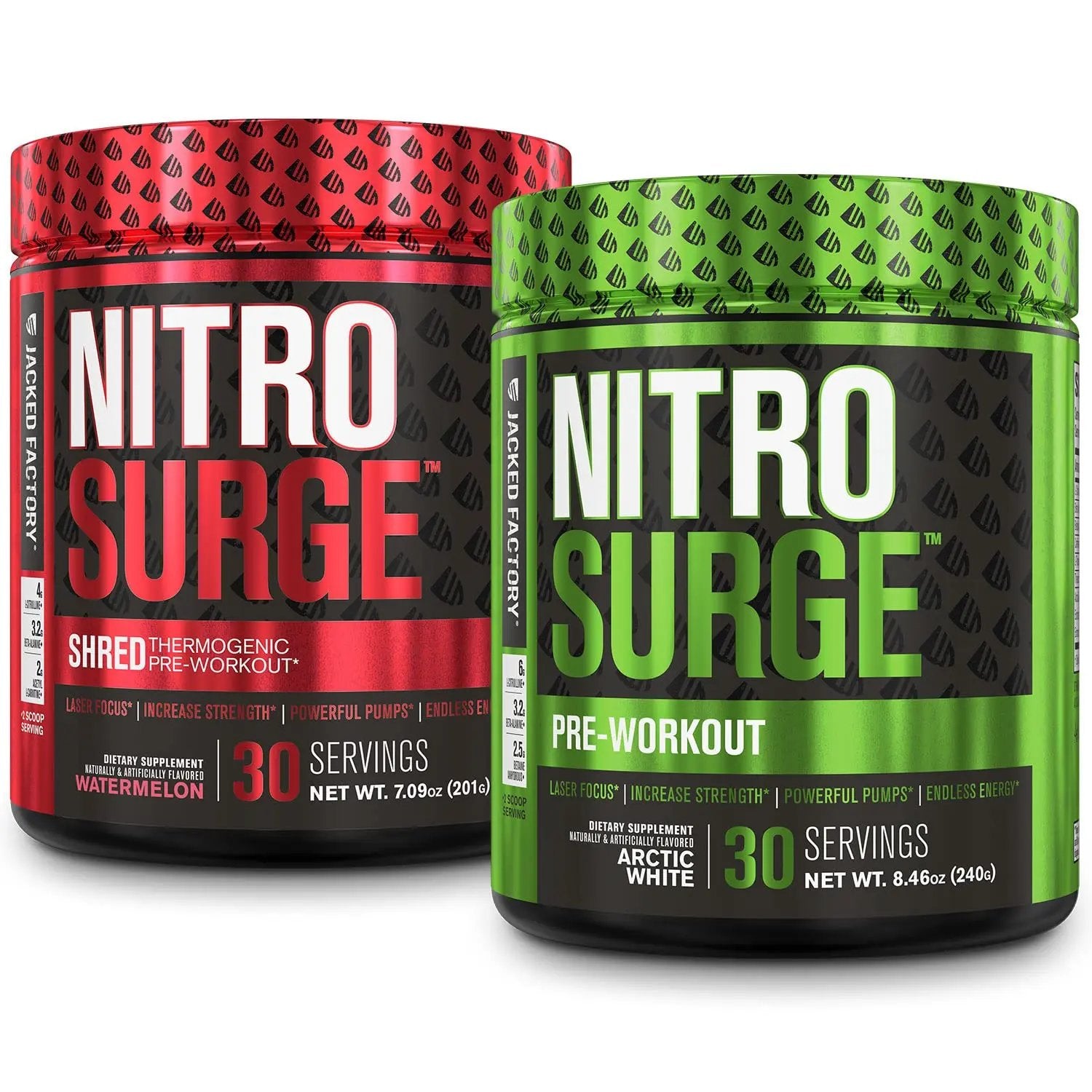 Jacked Factory Nitrosurge Pre-Workout in Arctic White & Watermelon Nitrosurge Shred