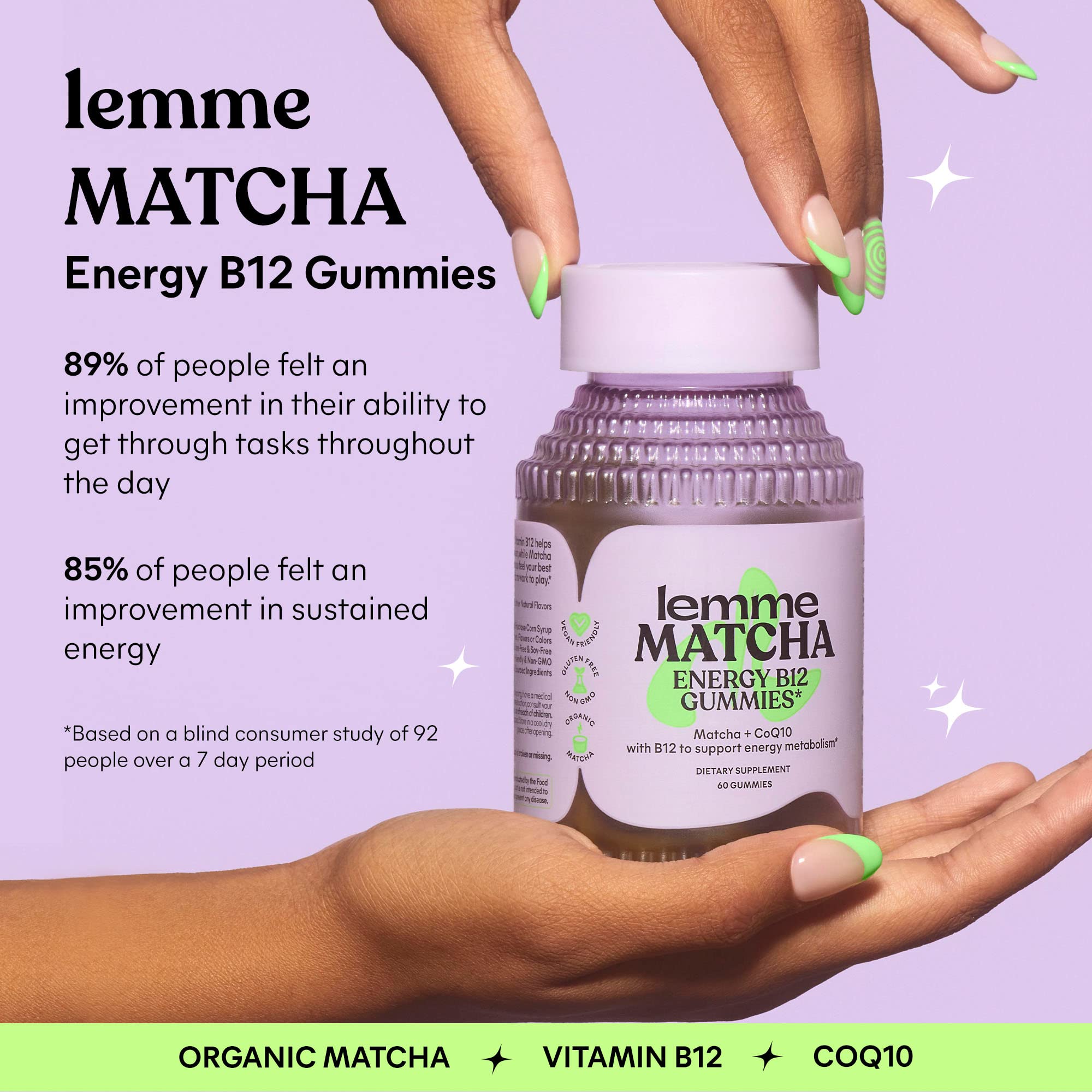 Lemme Matcha Superfood Energy Gummies with Organic Matcha Green Tea, Vitamin B12 Lemme