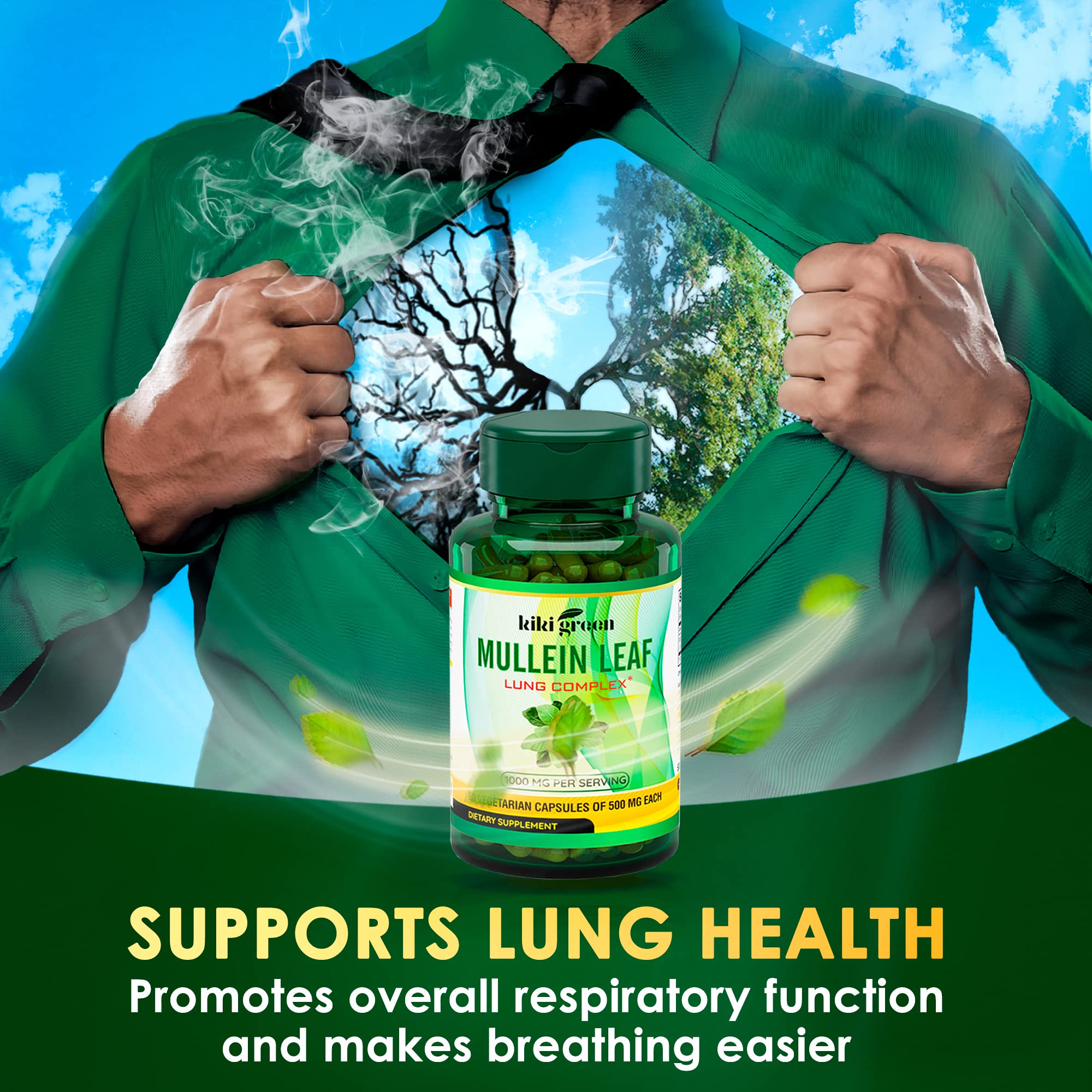 KIKI Green Mullein Leaf Extract Capsules - Herbal Respiratory Supplement - for Lung Cleans KIKI Green