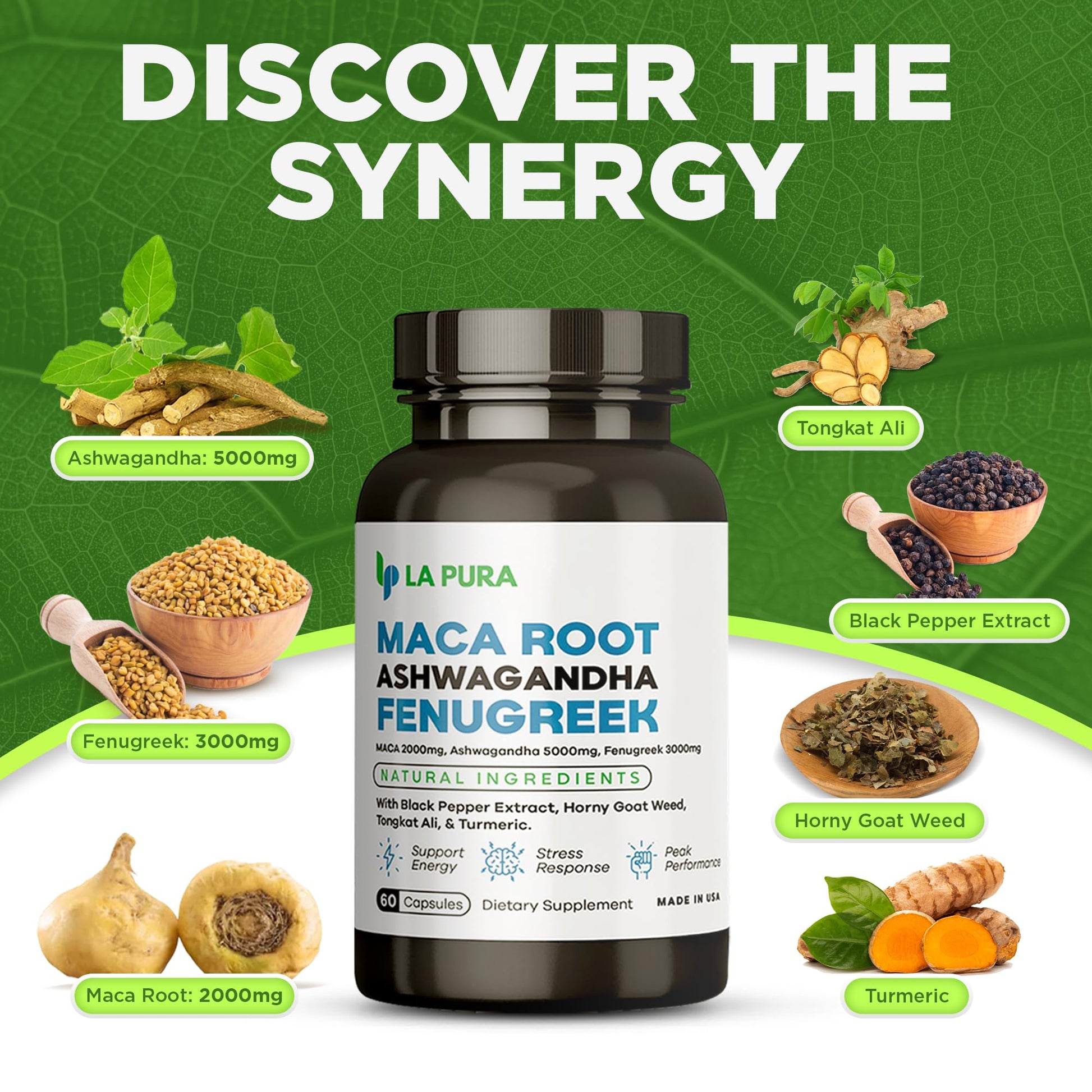 LaPura Ashwagandha 5000mg Maca Root 2000mg Fenugreek 3000mg Supplement LaPura