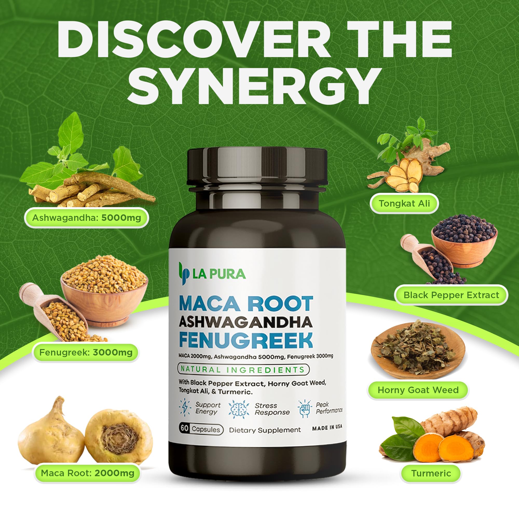 LaPura Ashwagandha 5000mg Maca Root 2000mg Fenugreek 3000mg Supplement LaPura