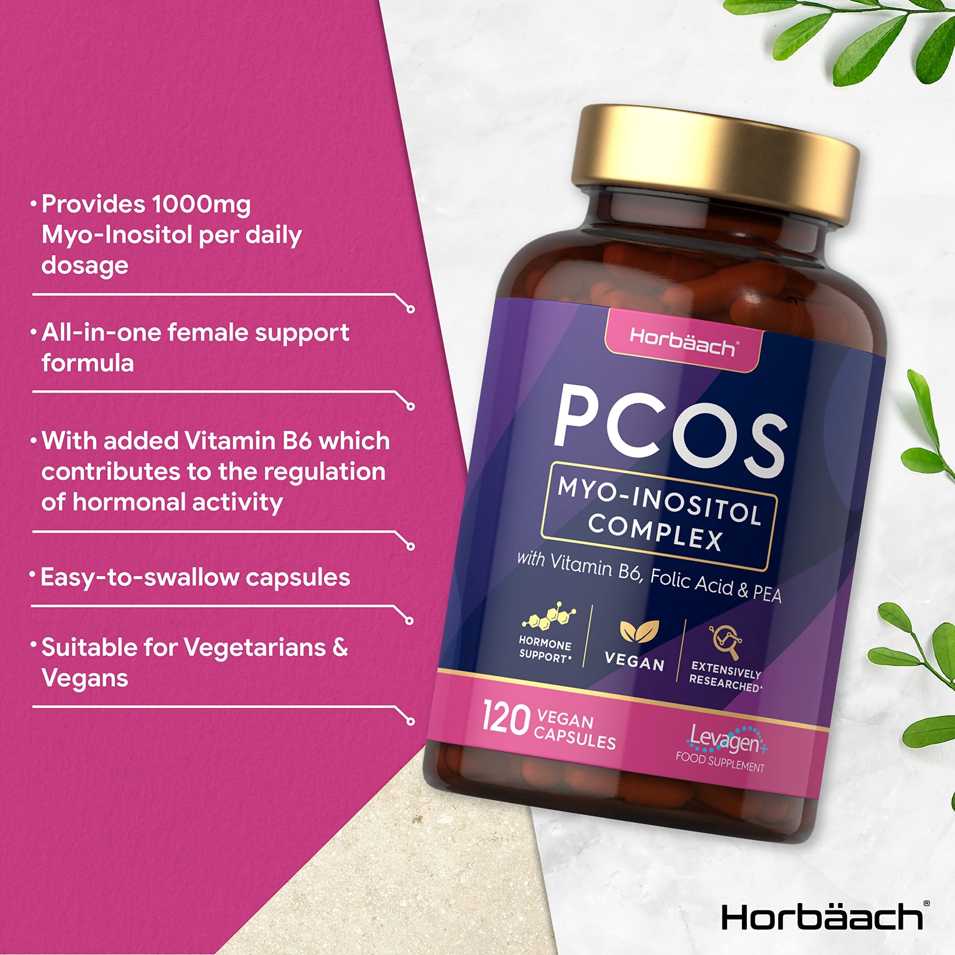 Inositol Supplement for PCOS | 120 Vegan Capsules | Myo-Inositol Complex with Folic Acid Horbäach