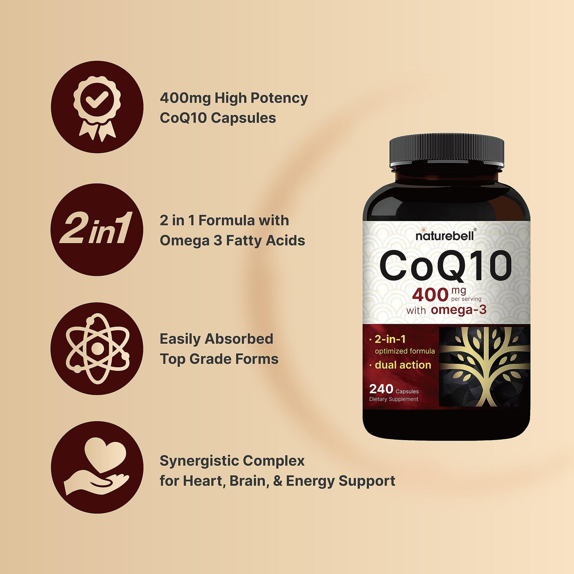 CoQ10 (Ubiquinone) 400mg with Omega 3 Fatty Acids, 240 Capsules | Stable High NatureBell