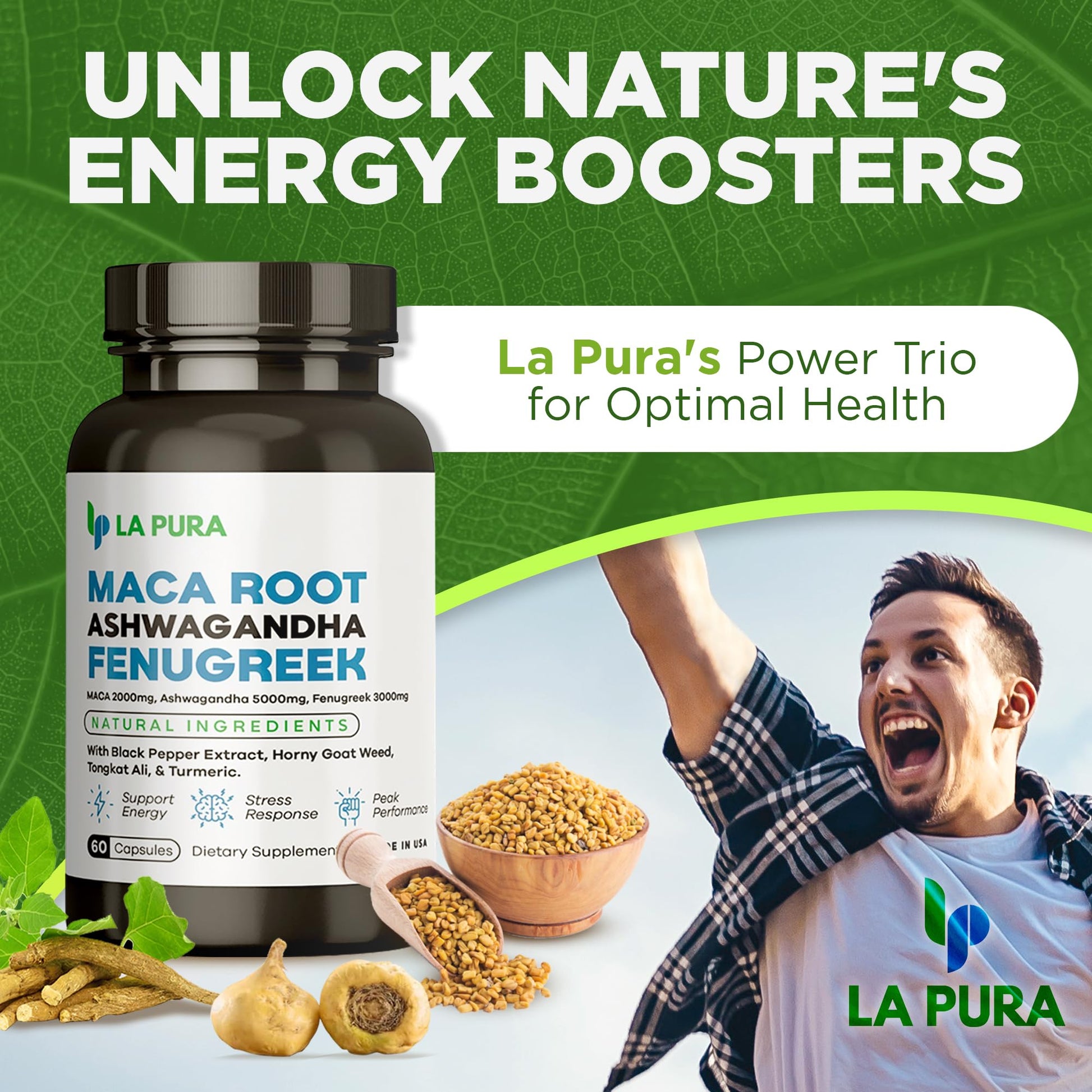 LaPura Ashwagandha 5000mg Maca Root 2000mg Fenugreek 3000mg Supplement LaPura
