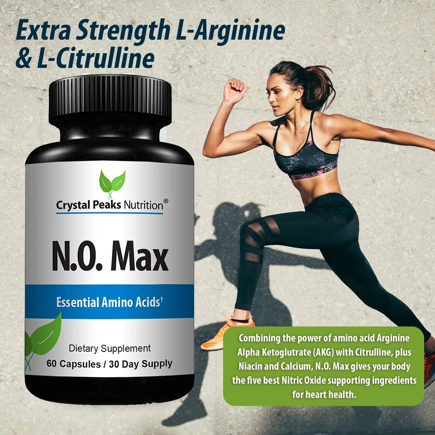 CRYSTAL PEAKS NUTRITION N.O. Max Nitric Oxide Supplement - L Arginine, Citrulline Malate, AAKG, Beta Alanine pre-Workout Performance Amino acids - 60 Capsules