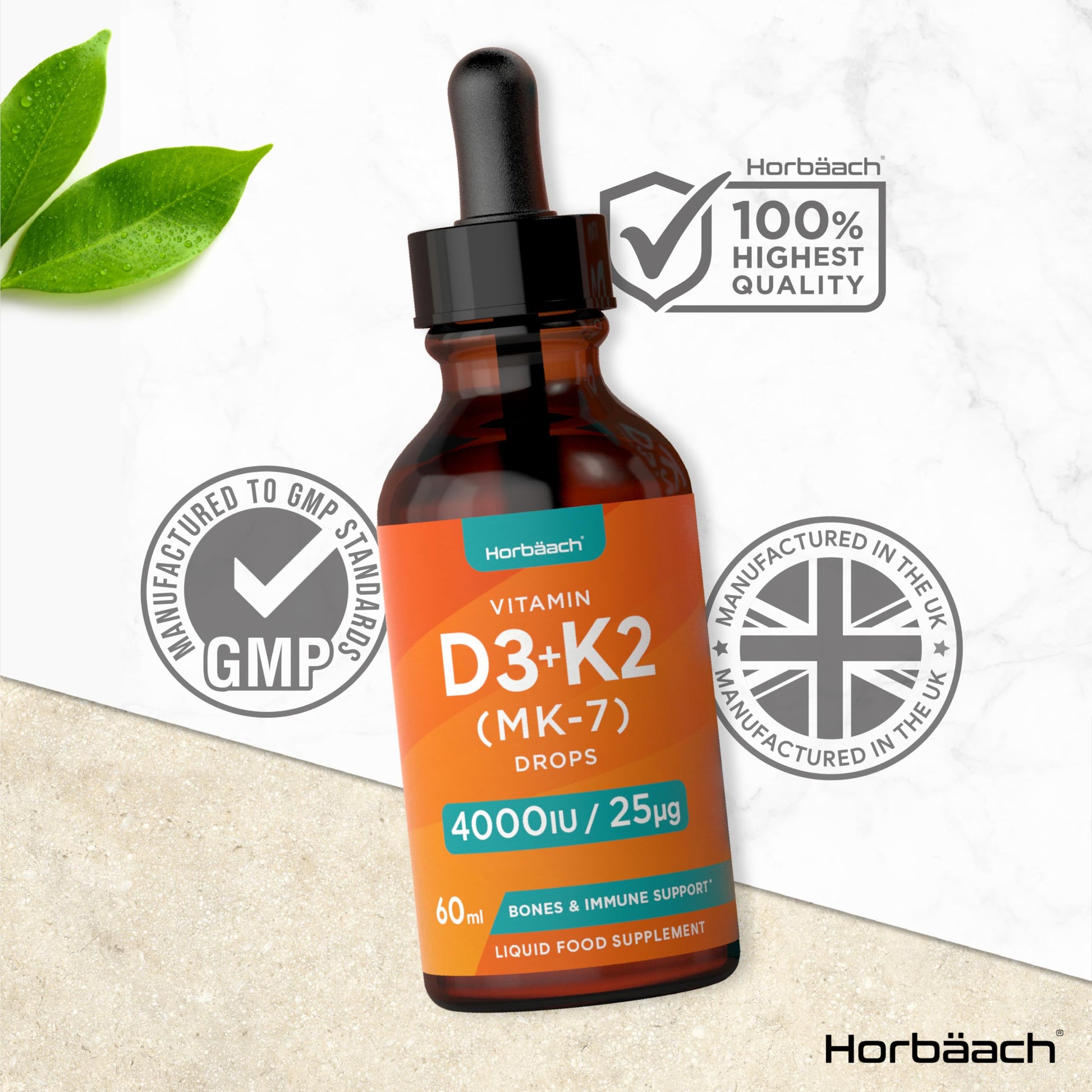 Vitamin D3 K2 Drops | 60mL | High Strength Vitamin D3 4000iu and K2 25ug | No Artificial Horbäach