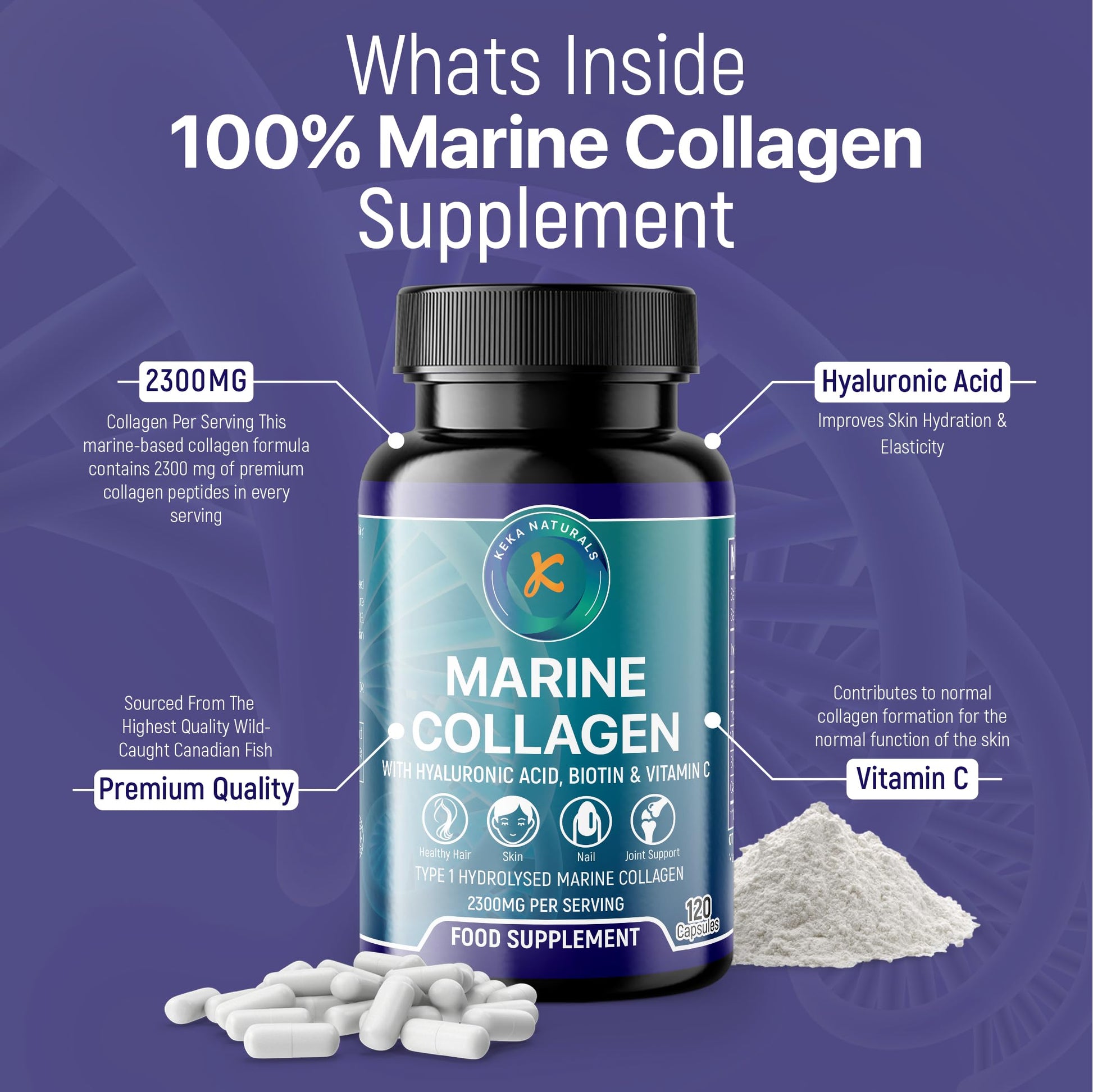 Hydrolysed Marine Collagen Peptides 2300mg - Enhanced with Hyaluronic Acid & Vitamin C Keka Naturals