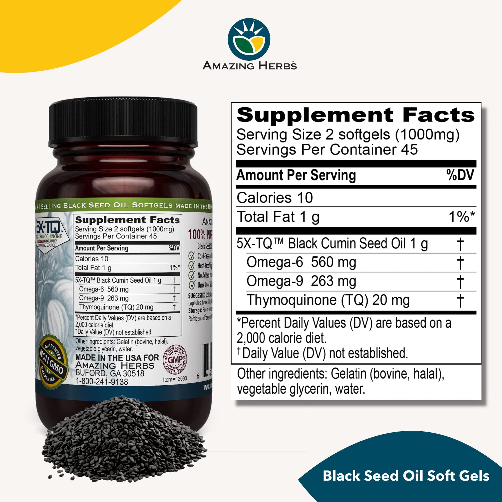 Amazing Herbs Premium Black Seed Oil Capsules - Cold Pressed Nigella Sativa Aids Amazing Herbs