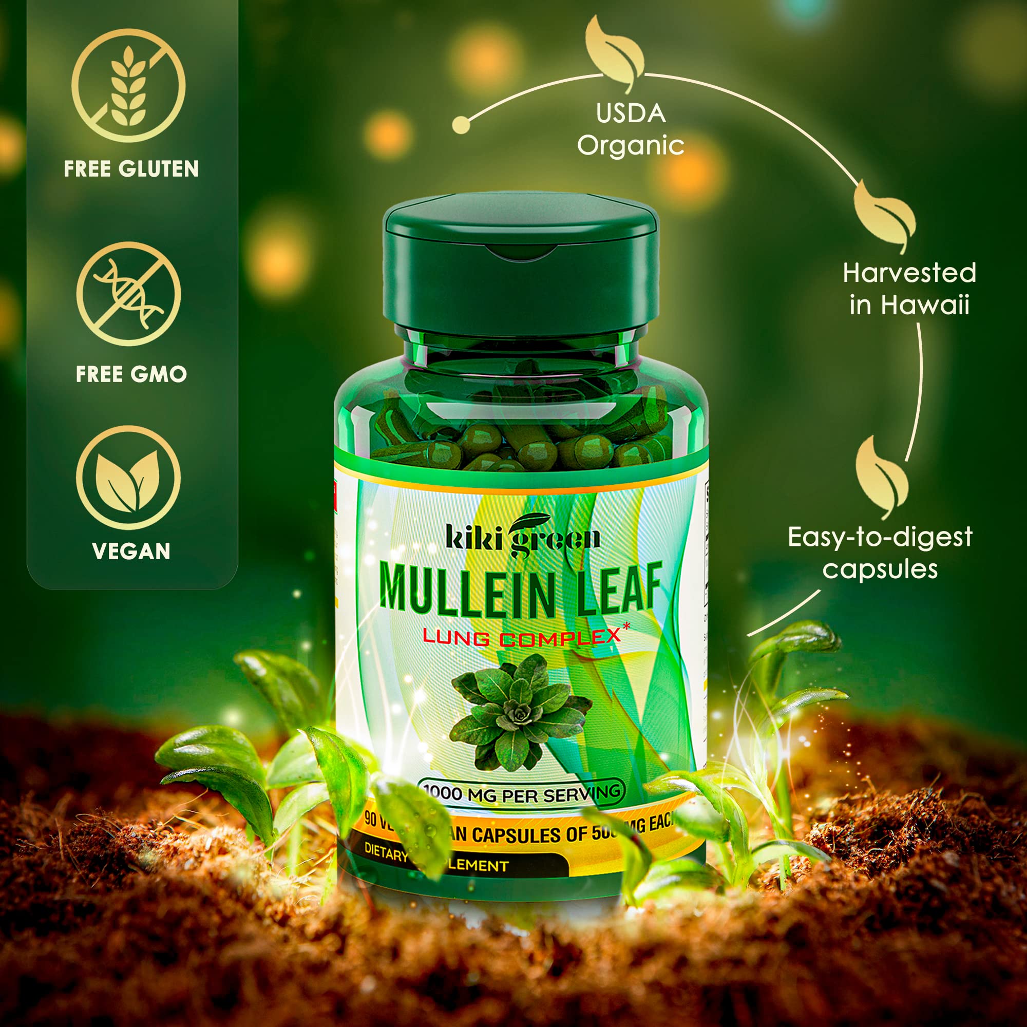 KIKI Green Mullein Leaf Extract Capsules - Herbal Respiratory Supplement - for Lung Cleans KIKI Green