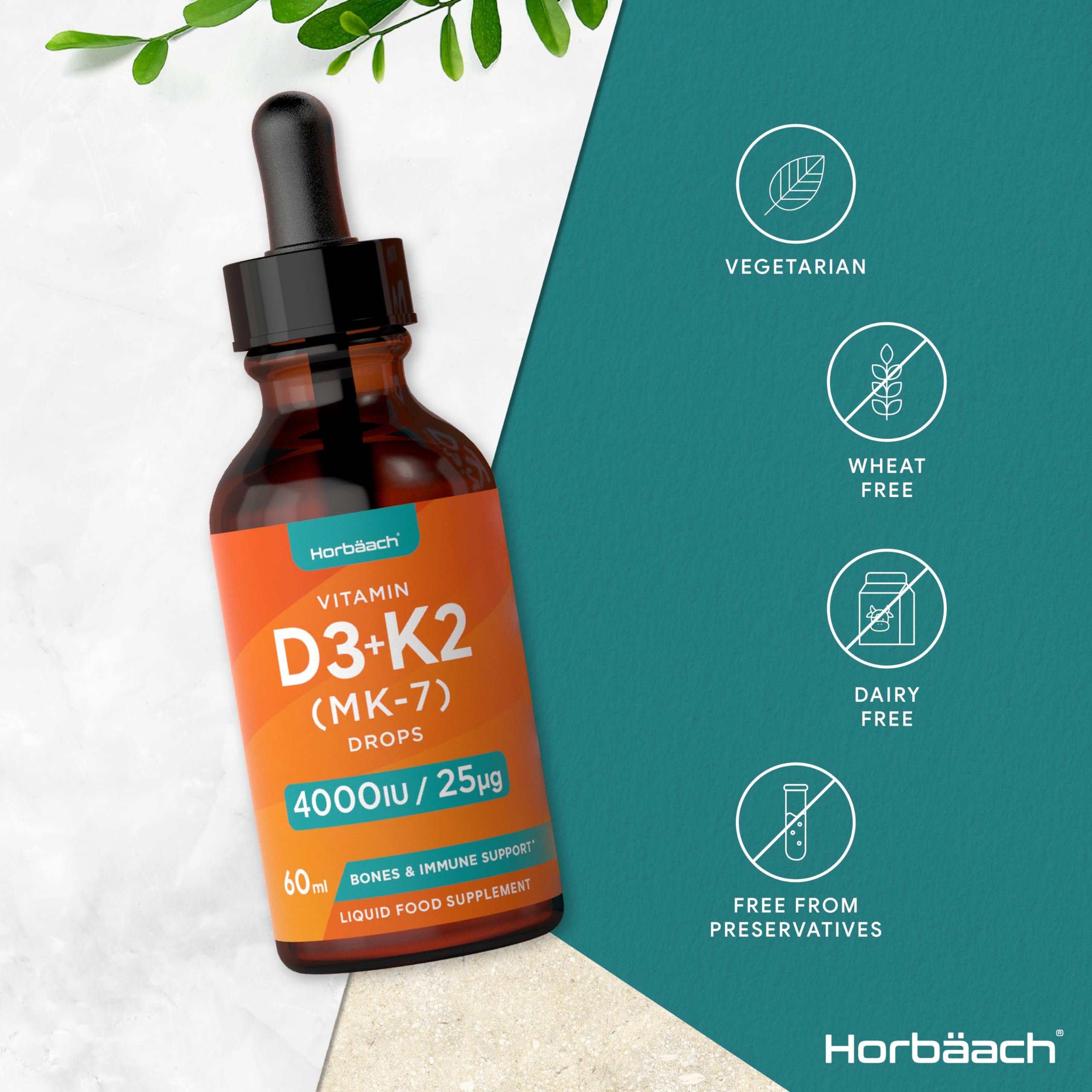 Vitamin D3 K2 Drops | 60mL | High Strength Vitamin D3 4000iu and K2 25ug | No Artificial Horbäach