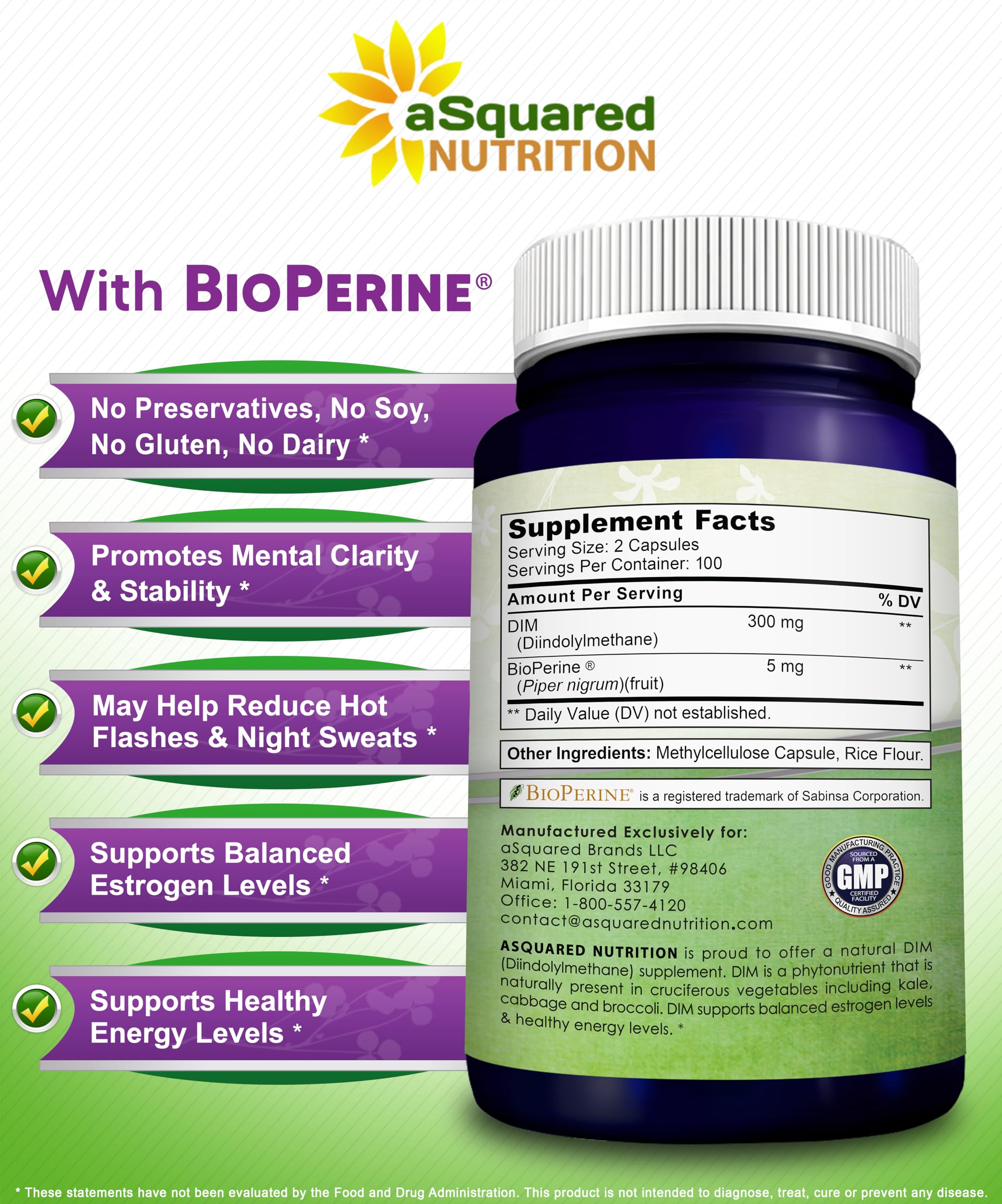 aSquared Nutrition DIM Supplement 300mg Plus BioPerine - 200 Veggie Capsules - Diindolylmethane DIM Max aSquared Nutrition