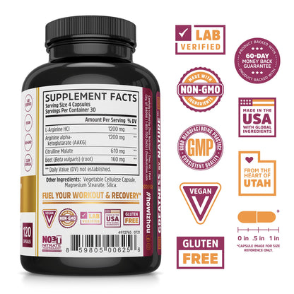 Zhou Nitric Oxide with L Arginine, Citrulline Malate, AAKG and Beet Root | Powerful N.O.