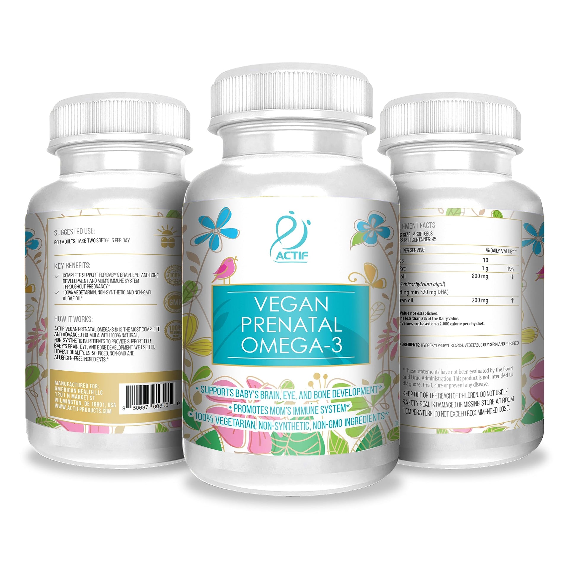Actif Organic Vegan Prenatal Omega-3 with High Strength Algae Oil Formula, 100% Natural ACTIF