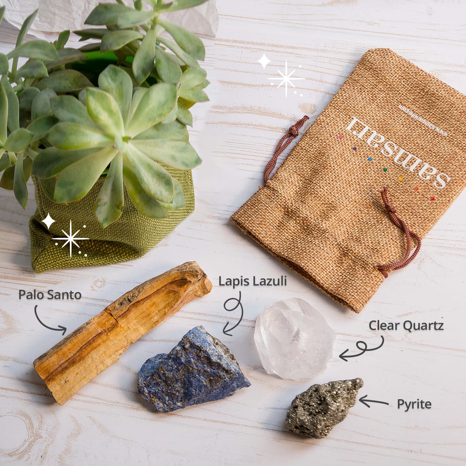 5PCS SAMSARI Abundance XL Crystals Healing Set - (Pyrite, Lapis Lazuli, Clear Quartz), 1 Palo Santo Stick SAMSARI
