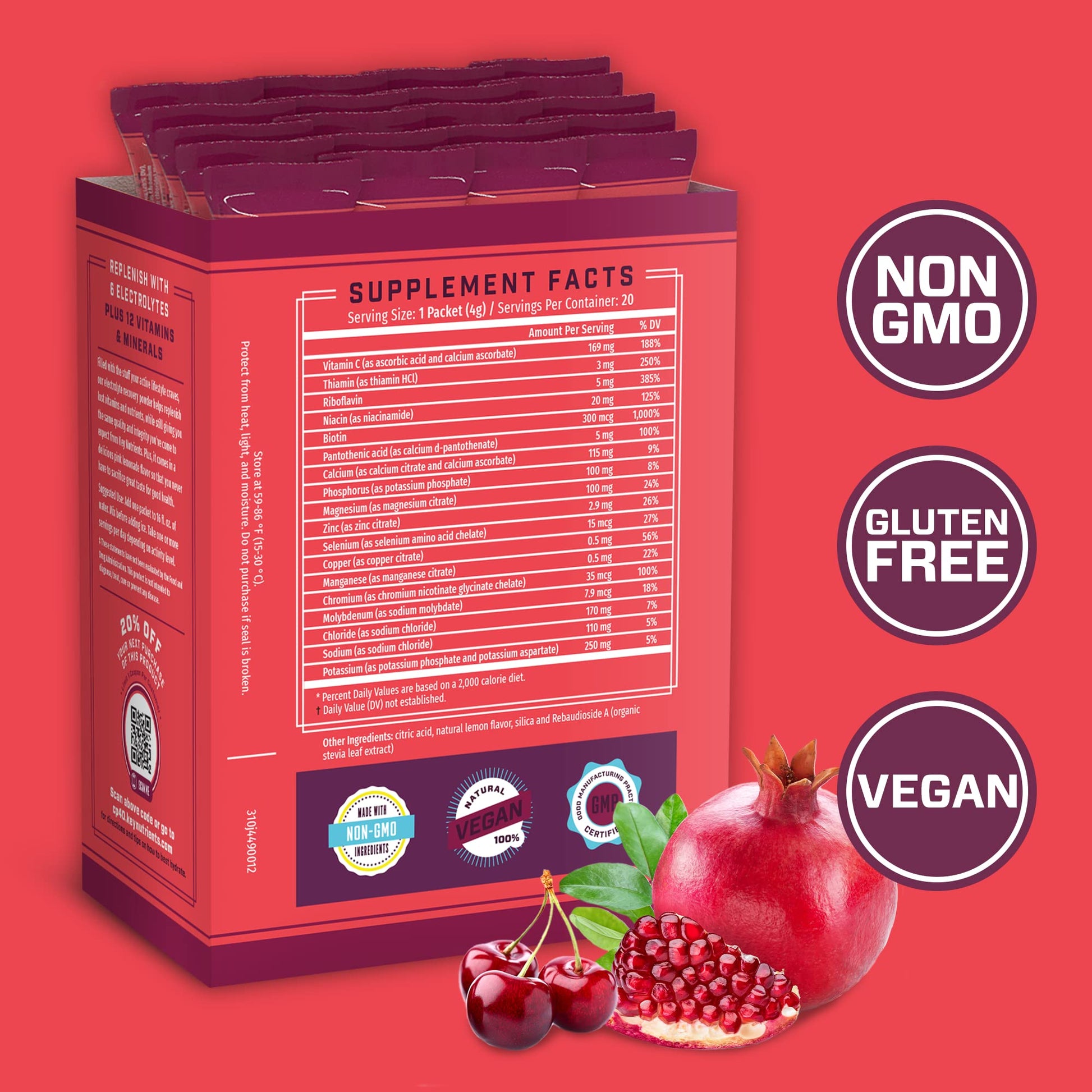 KEY NUTRIENTS Multivitamin Electrolytes Powder Packets - Sweet Cherry-Pom 20 Pack KEY NUTRIENTS