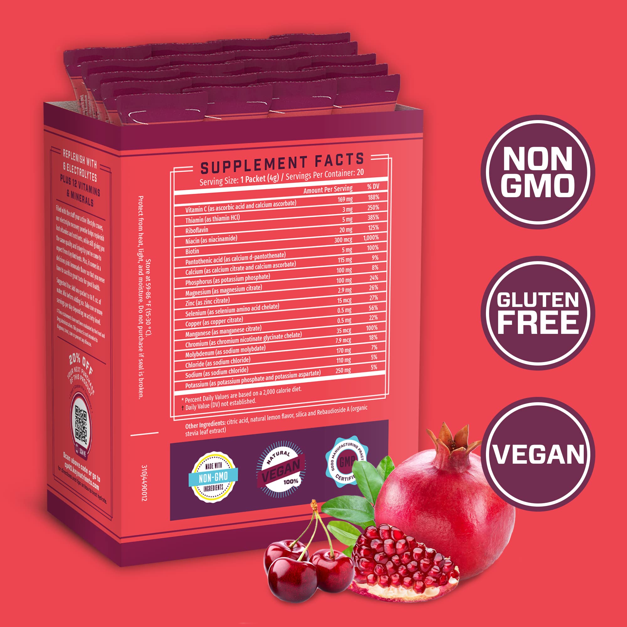 KEY NUTRIENTS Multivitamin Electrolytes Powder Packets - Sweet Cherry-Pom 20 Pack KEY NUTRIENTS