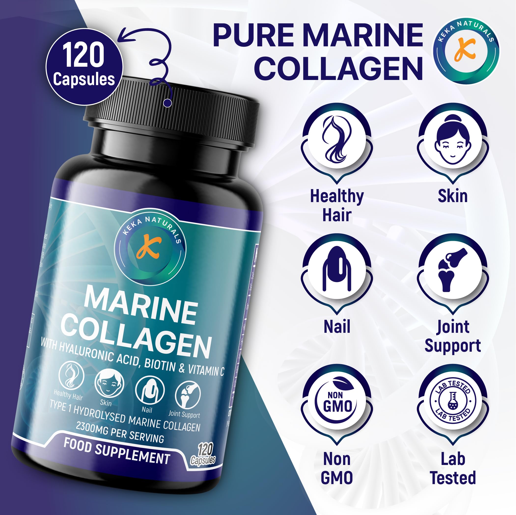 Hydrolysed Marine Collagen Peptides 2300mg - Enhanced with Hyaluronic Acid & Vitamin C Keka Naturals