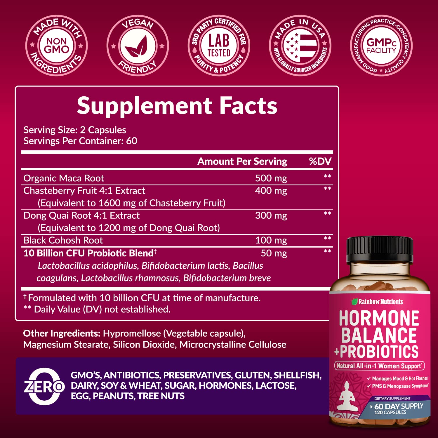 Hormone Balance + Probiotics for Women (3450mg) Natural Relief for Menopause Rainbow Nutrients, LLC