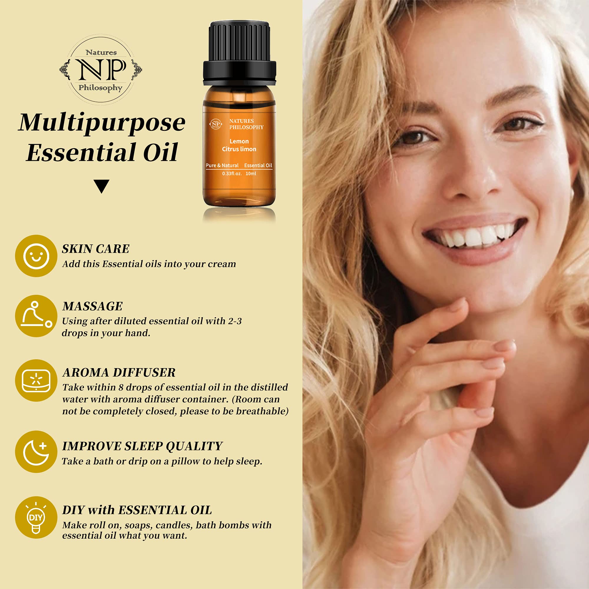 Lemon Essential Oil,100% Pure Organic Essential Oils for Aromatherapy, Diffuser, Massage, Soap Making