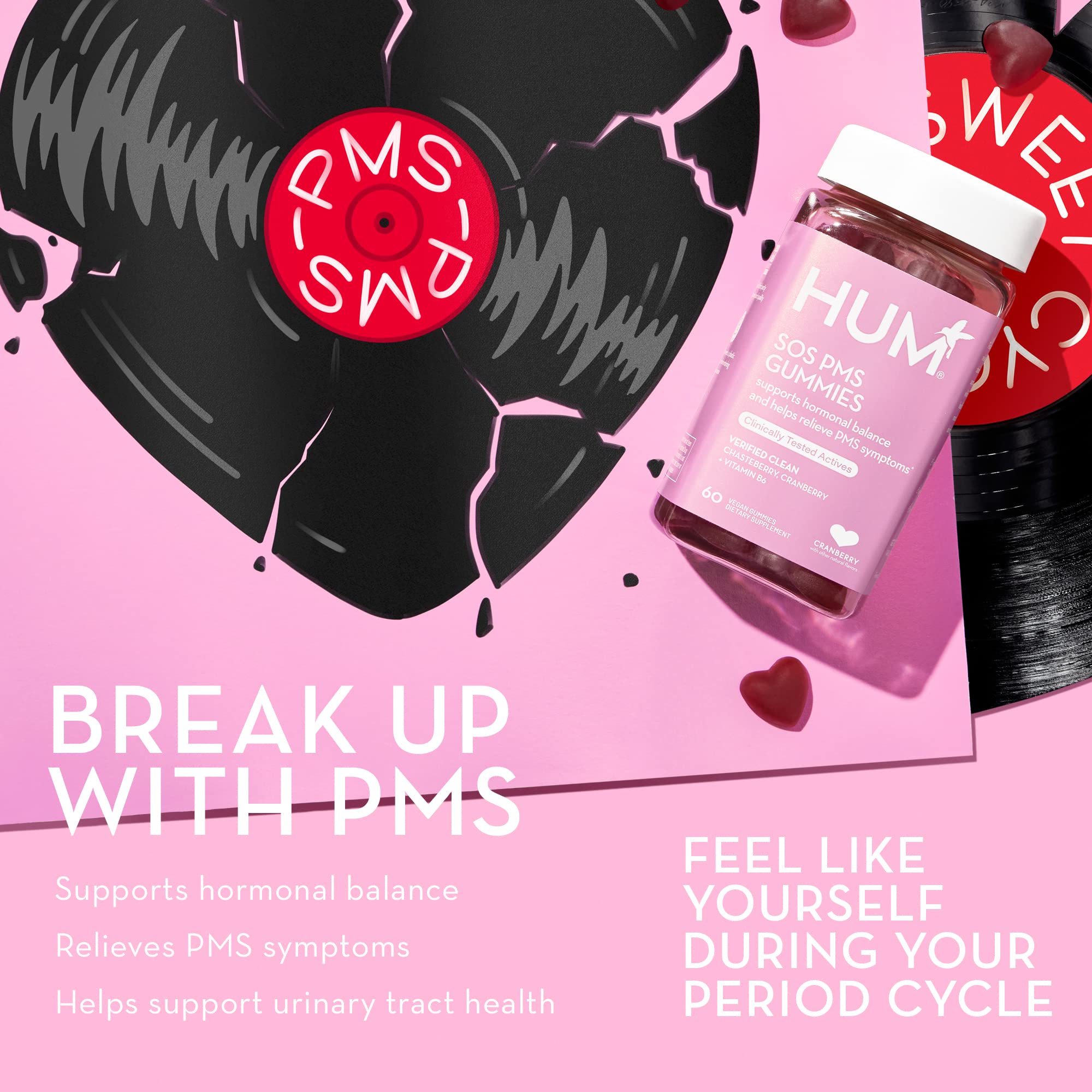 HUM Nutrition SOS PMS Gummies, Helps Relieve PMS Symptoms, Bloating Relief, Mood Swings, Hormonal Balance HUM