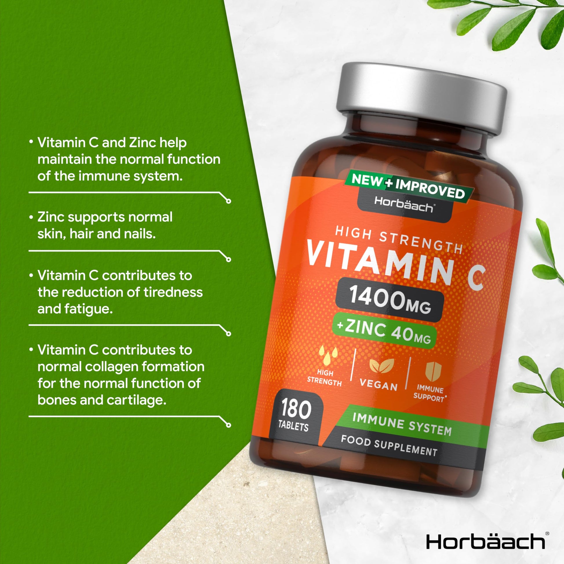 Vitamin C and Zinc | 180 Vegan Tablets | High Strength Vitamin C 1400mg and Zinc 40mg Horbäach