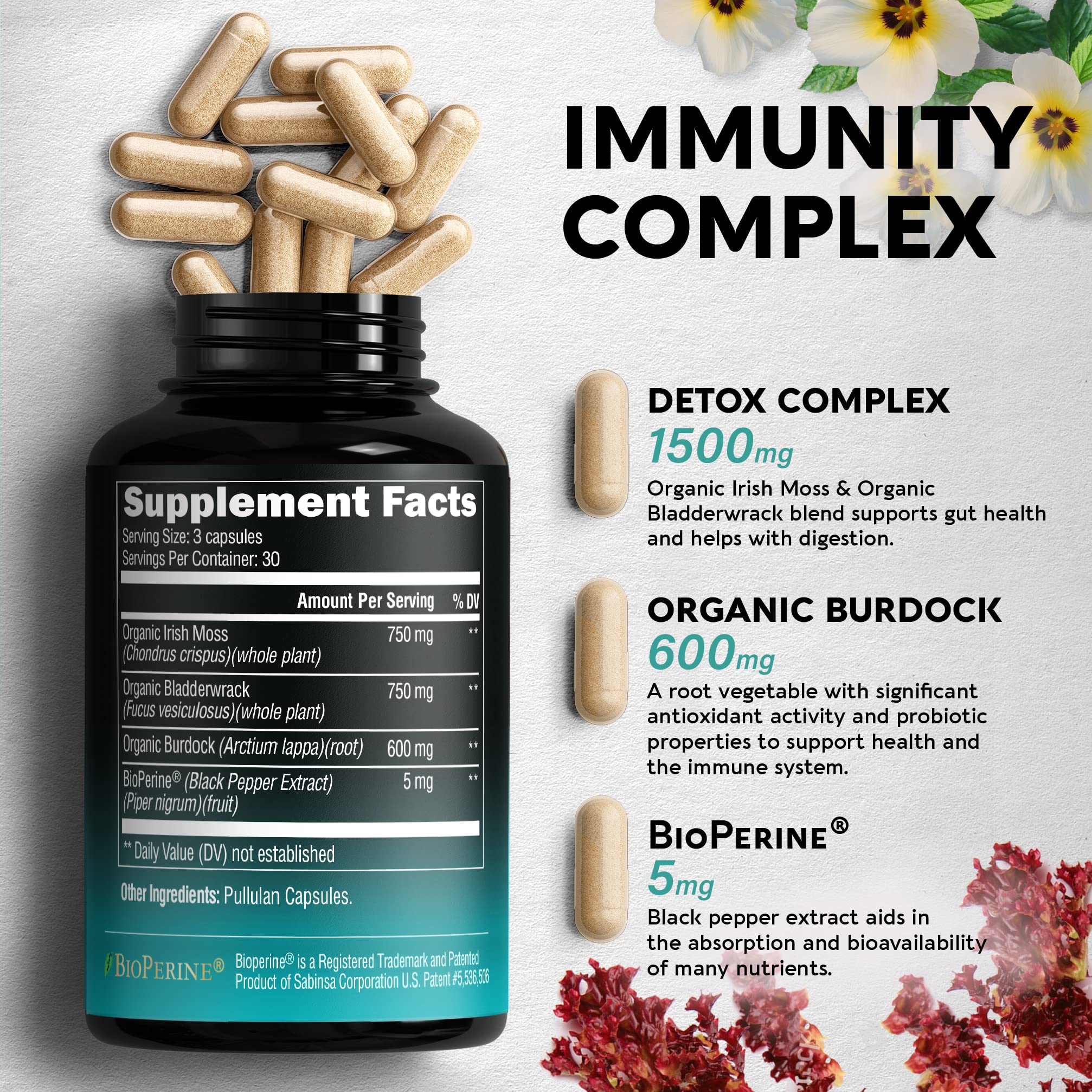 Irish Sea Moss Capsules - Made with Organic Sea Moss, Bladderwrack & Burdock Root - Made in USA - Advanced Superfood - Natural Multi Supplements Blend - Immunity & Energy Support - 90 Vegan Capsules NUTRAHARMONY