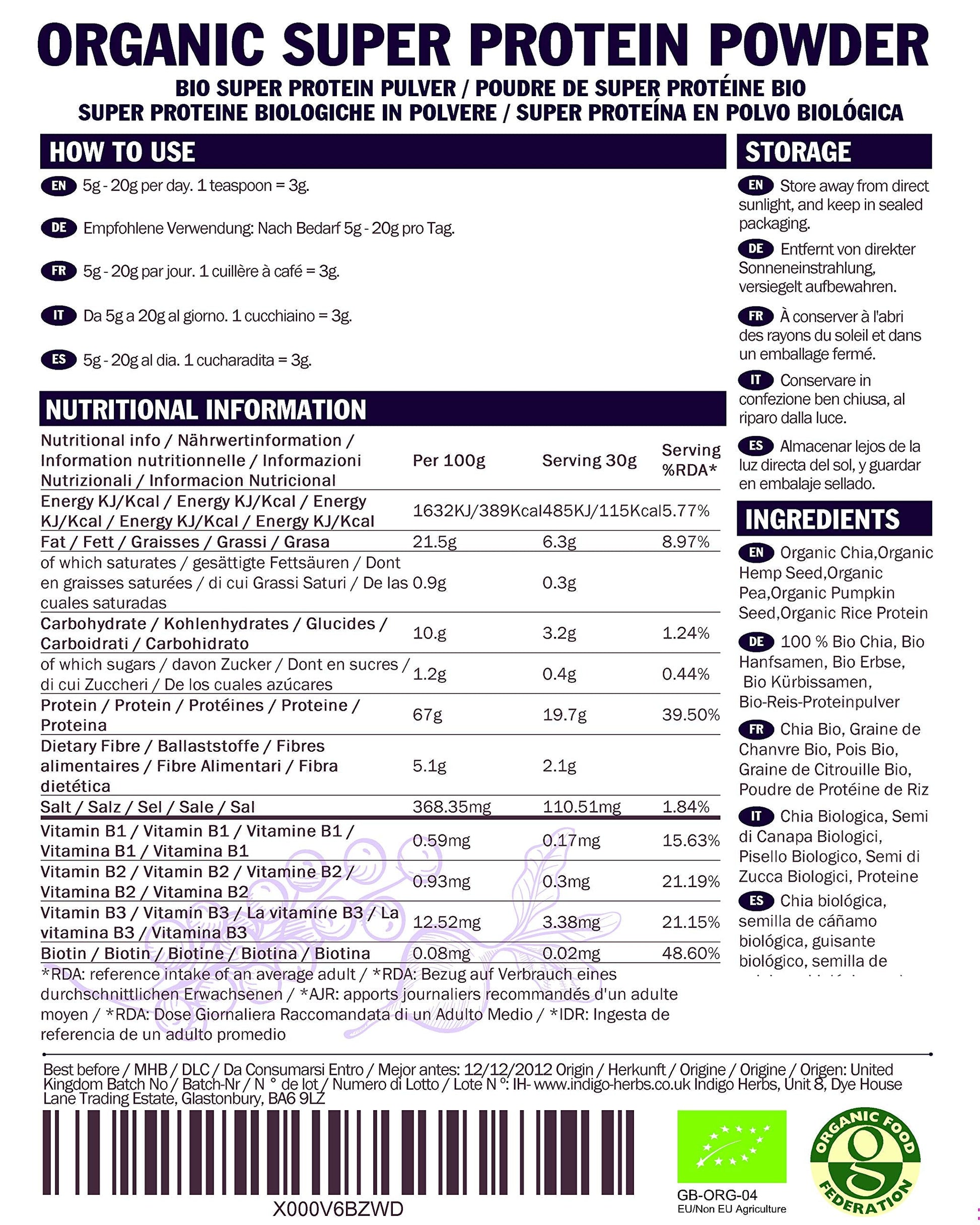 Indigo Herbs Organic Super Protein Powder Blend | 500g | 19g Protein | 16 Servings Indigo Herbs