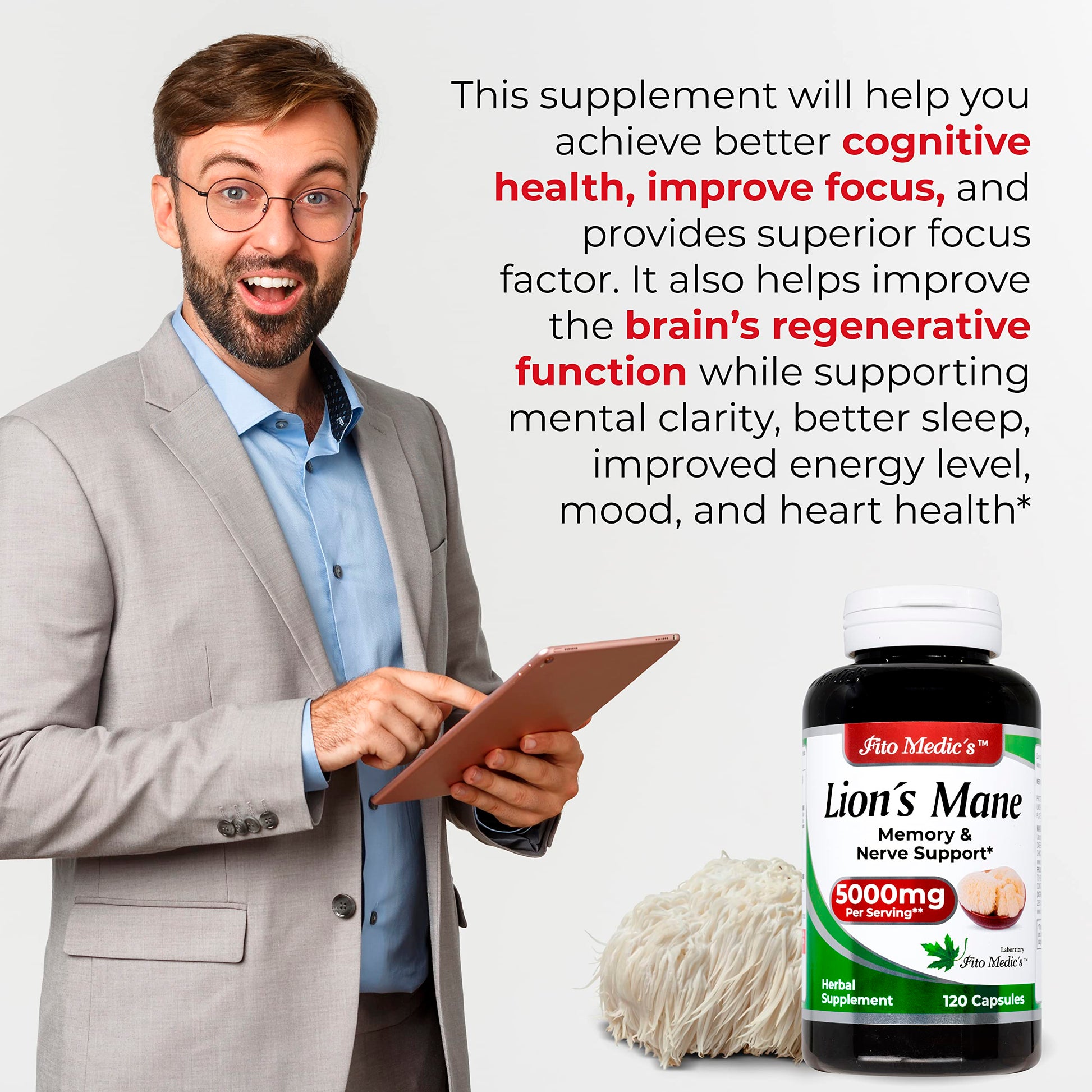 Lab | Lions Mane | 5000 mg per Serving | 120 Capsules | lions mane supplement | lions mane FITO MEDIC'S