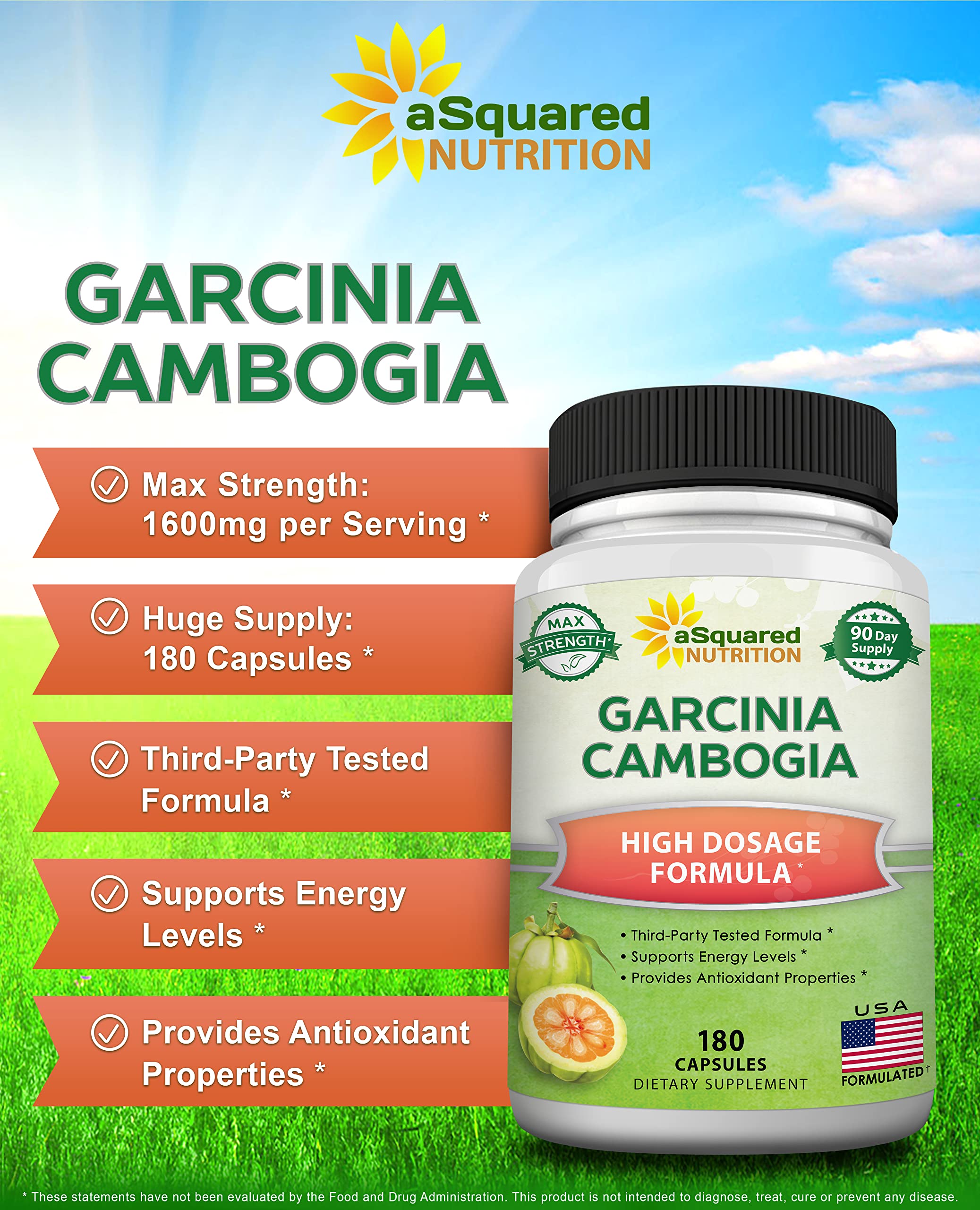 aSquared Nutrition Garcinia Cambogia 1600mg-180 Capsules-Natural Pure Extract Pills aSquared Nutrition