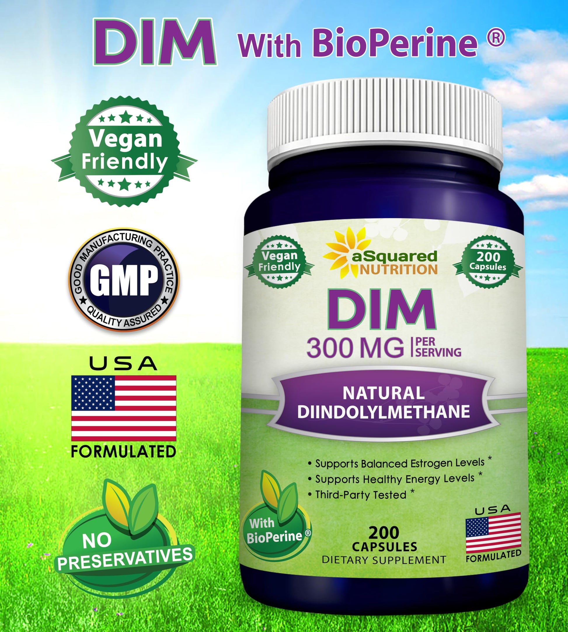 aSquared Nutrition DIM Supplement 300mg Plus BioPerine - 200 Veggie Capsules - Diindolylmethane DIM Max aSquared Nutrition