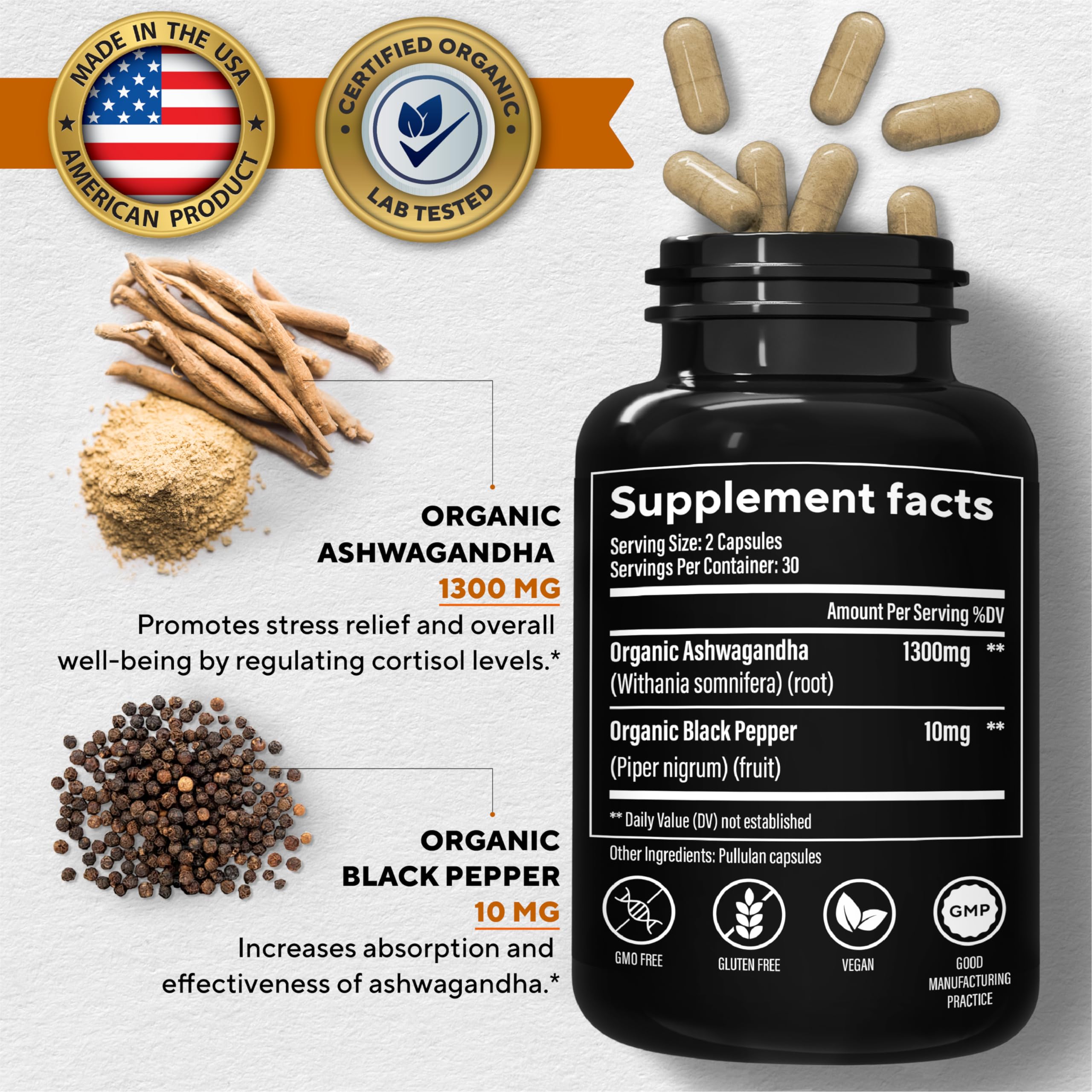 VitaUp Organic Ashwagandha Capsules 1310 mg - USA Made Ashwagandha Supplements VitaUp