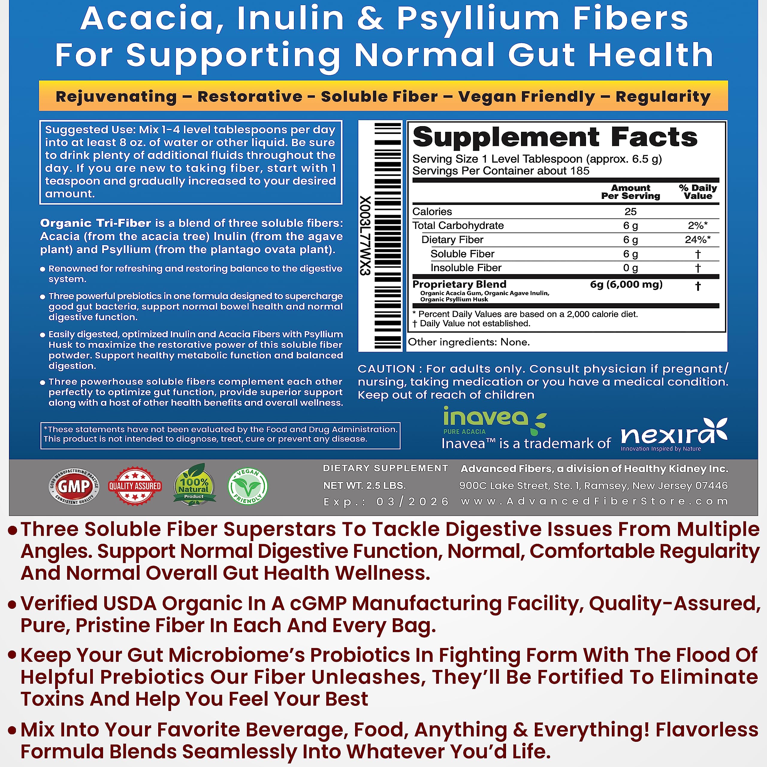 Kidney Restore Tri-Fiber Organic Soluble Fiber Powder, Unflavored High Fiber 3-in-1 Kidney Restore