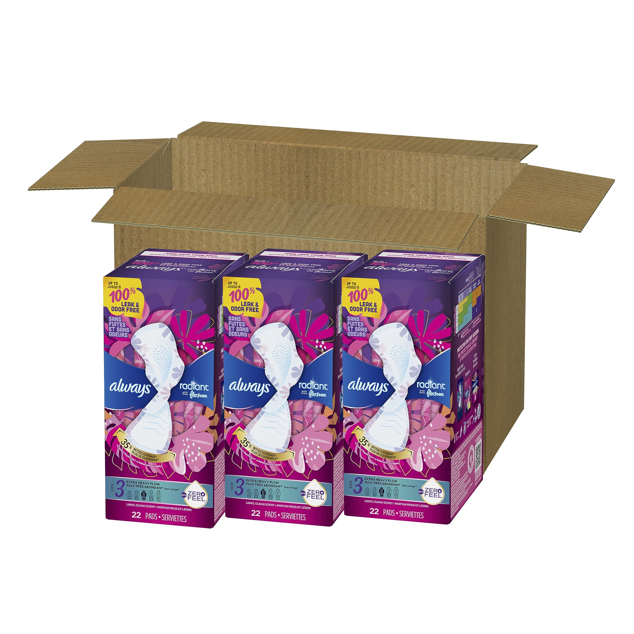 Always Radiant Feminine Pads For Women, Size 3 Extra Heavy Absorbency, With Flexfoam Always