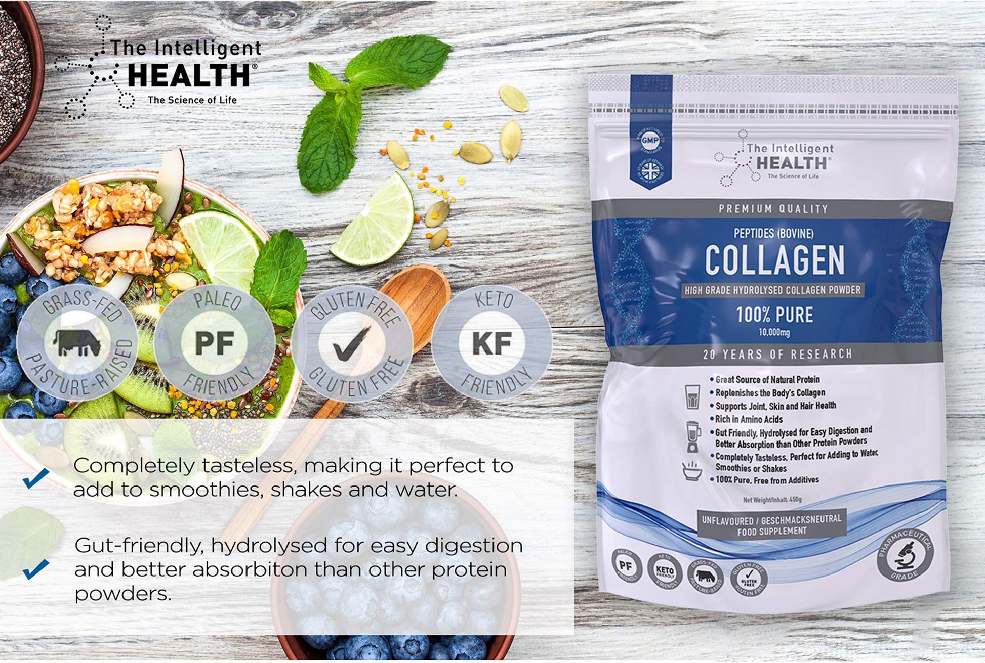 Hydrolysed Collagen Powder (Bovine) - High Protein Grass Fed Unflavoured Peptides The Intelligent Health