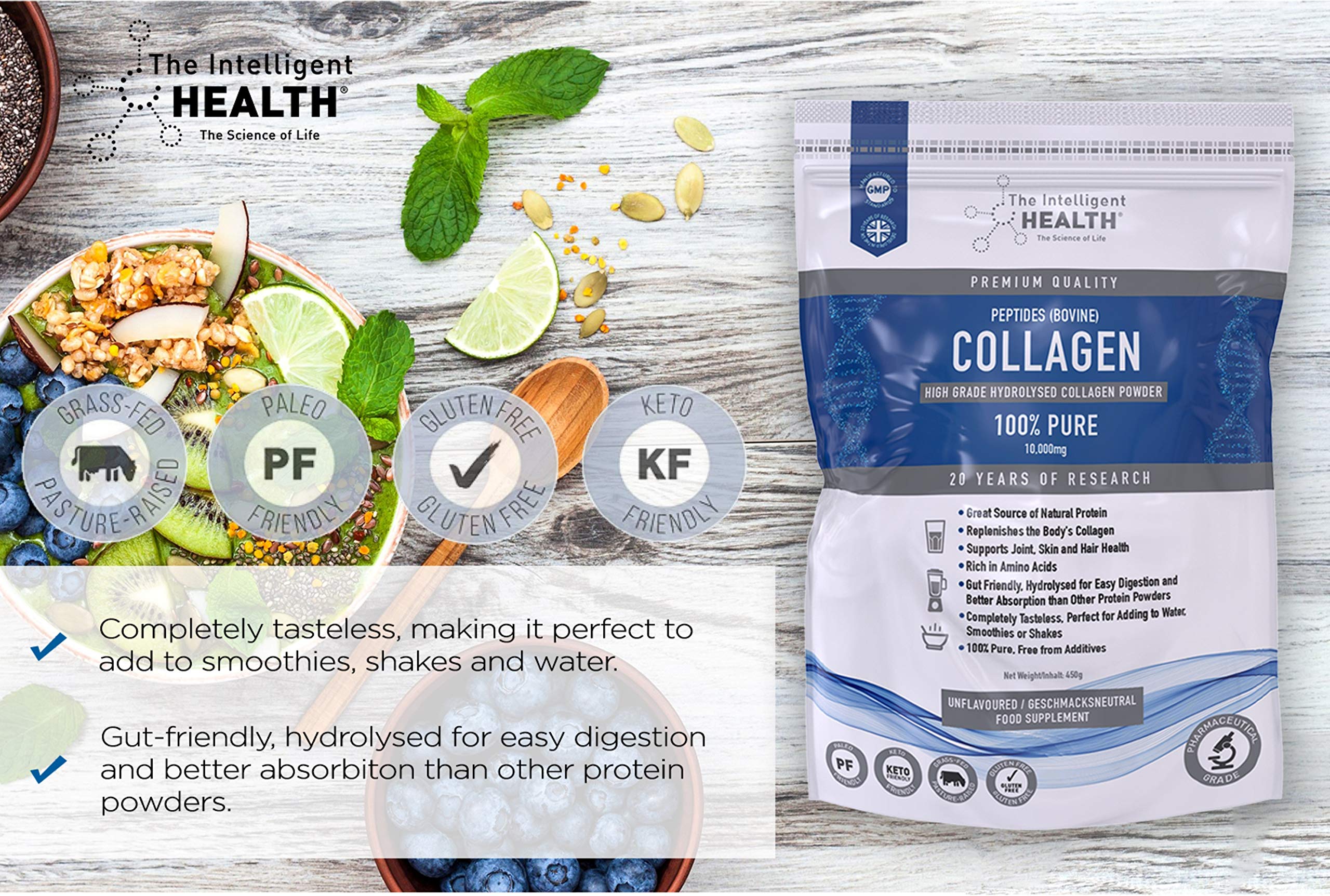 Hydrolysed Collagen Powder (Bovine) - High Protein Grass Fed Unflavoured Peptides The Intelligent Health