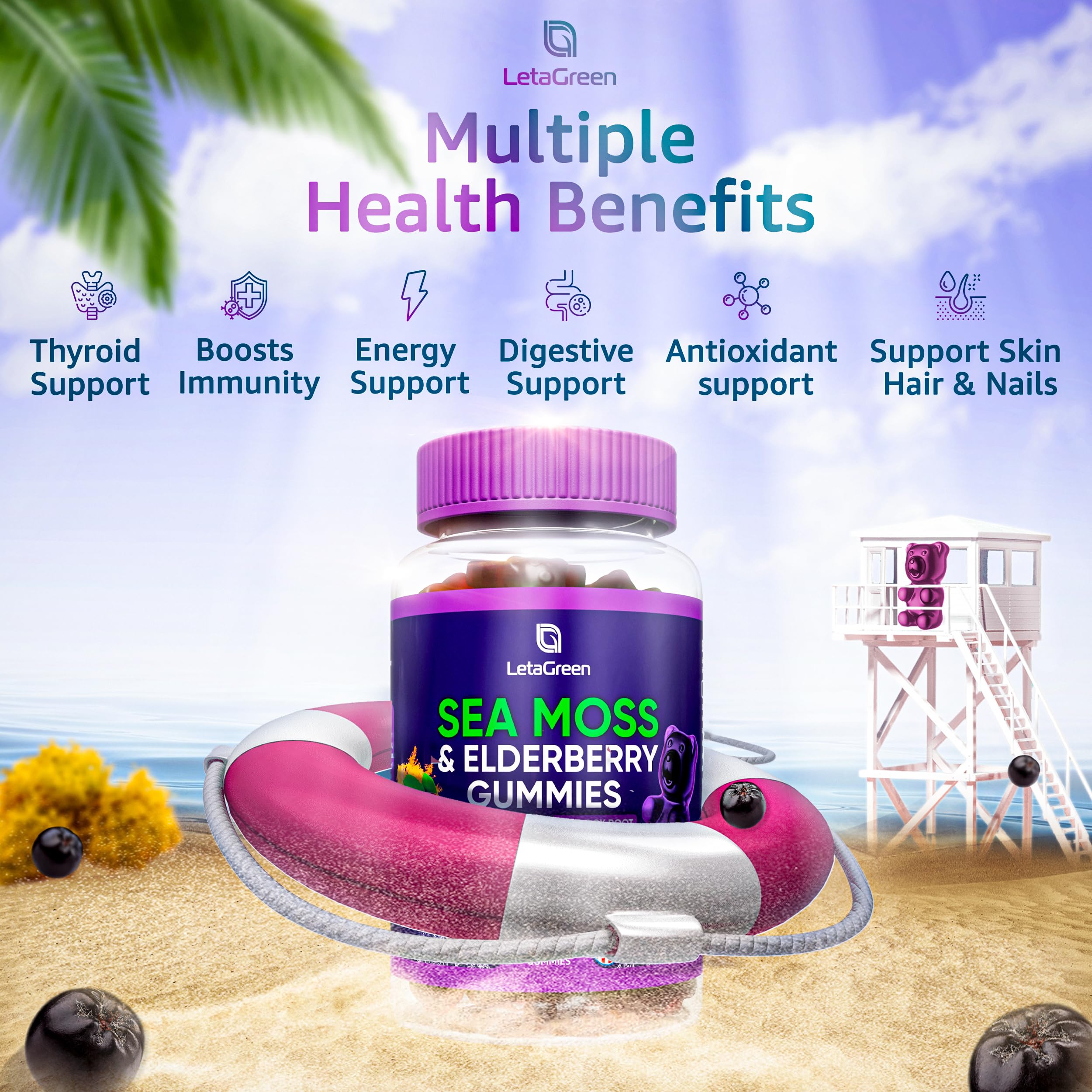 LetaGreen Irish Sea Moss Gummies - 60 Vegan Seamoss Gummies Bears