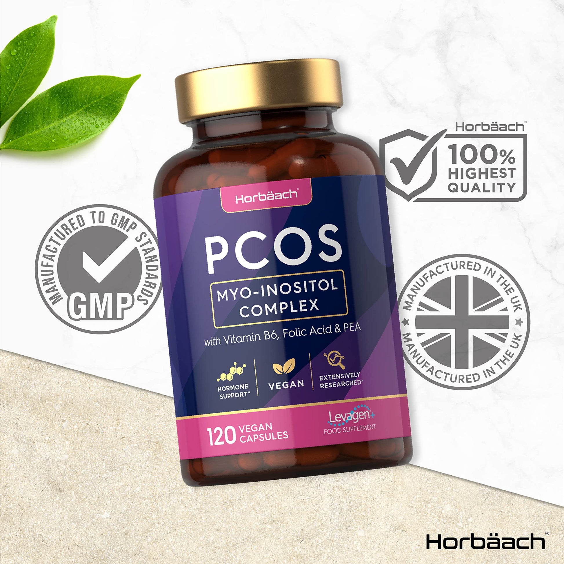 Inositol Supplement for PCOS | 120 Vegan Capsules | Myo-Inositol Complex with Folic Acid Horbäach