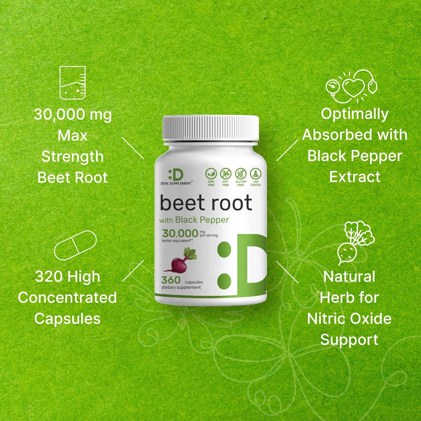 Beet Root Capsules 30000mg Per Serving, 360 Count, with Black Pepper Extract – Enhanced DEAL SUPPLEMENT