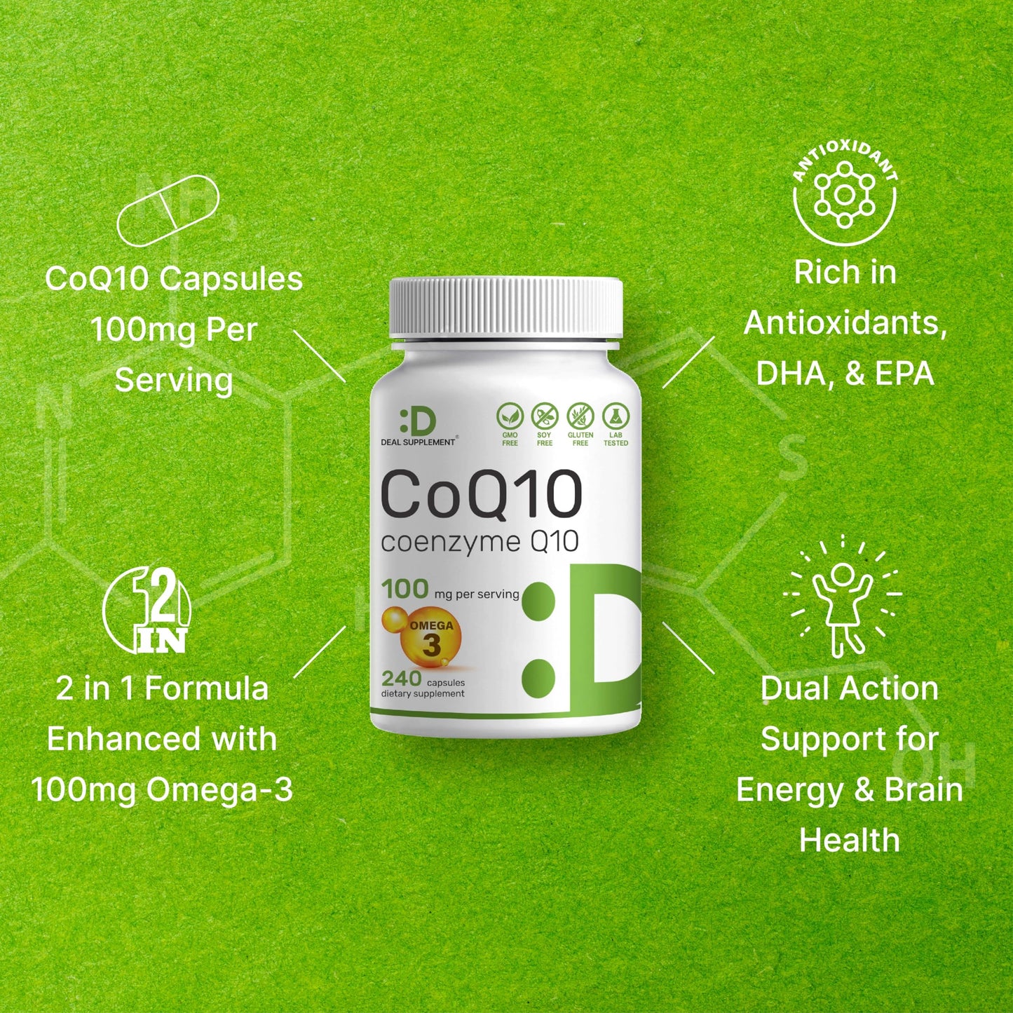 CoQ10 100mg, 240 Capsules – with Omega 3 Fatty Acid 100mg – Bioavailable Coenzyme